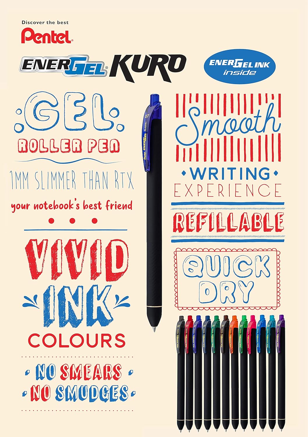 Pentel EnerGel Kuro – Bolígrafo de gel líquido, (punta de 132 pulgadas – 0.7 mm) línea media, tinta roja, paquete de 12 (BL437R1-B)