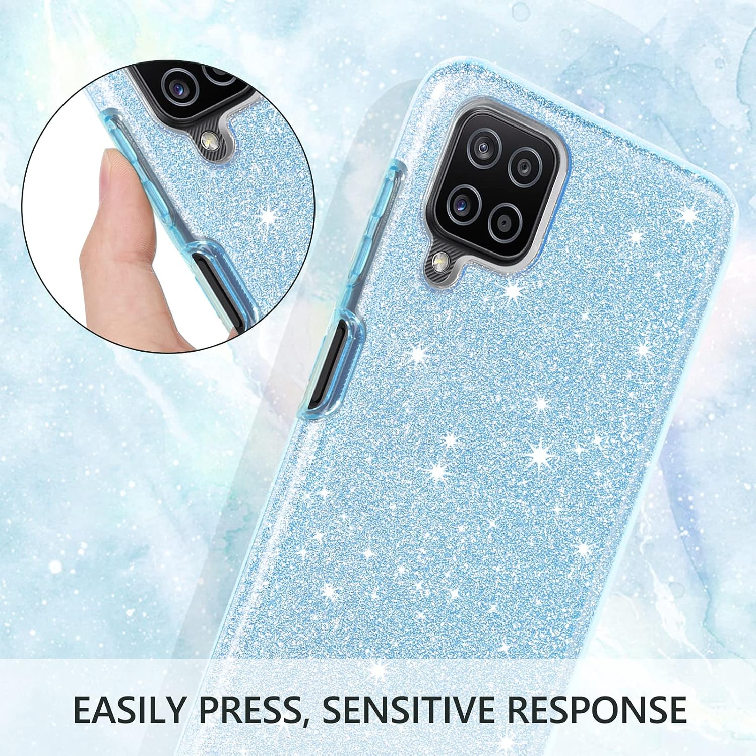 GUAGUA Funda compatible con Samsung Galaxy A12 5G de 6.5 pulgadas con purpurina brillante y bonita funda para mujeres y niñas, con soporte adicional