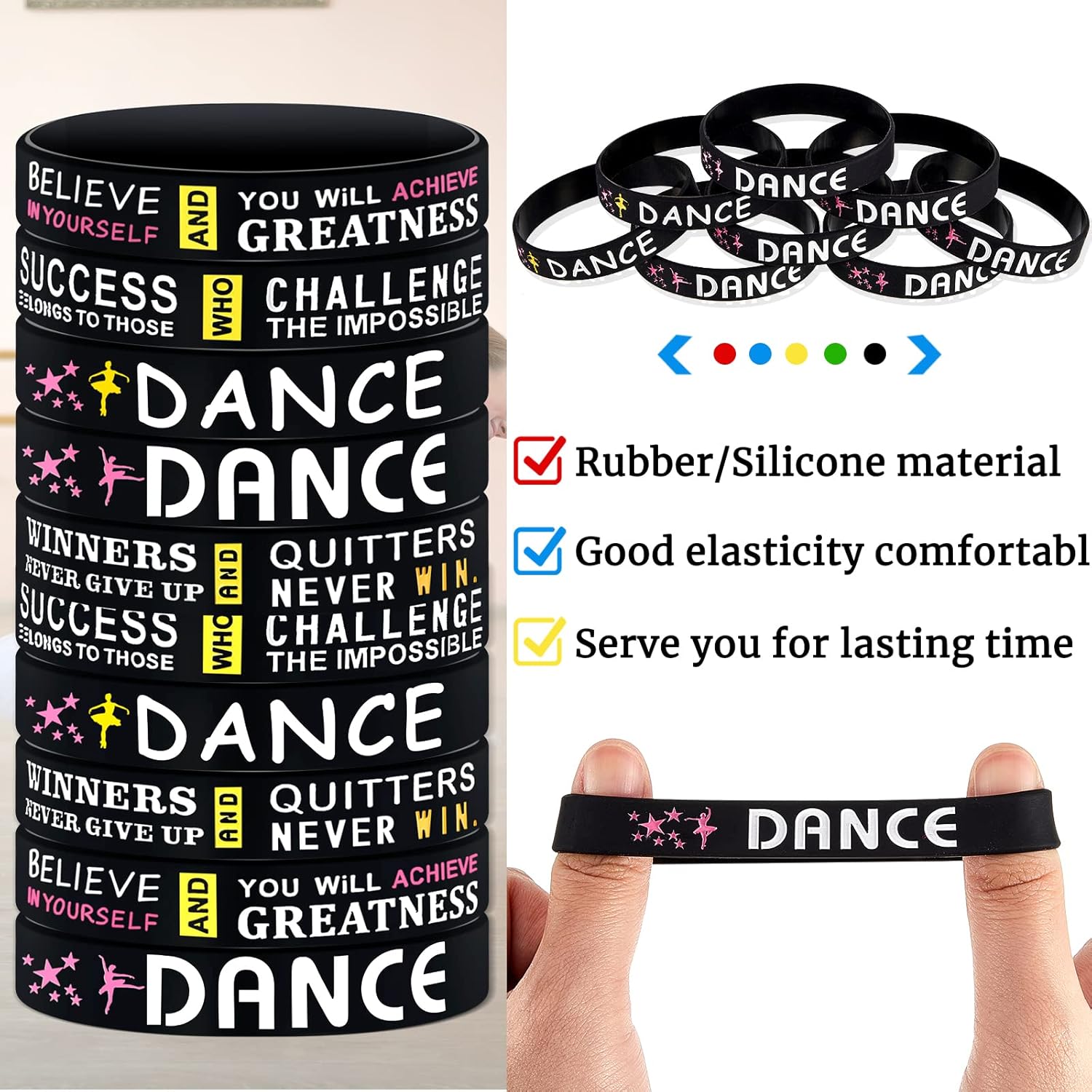 Deekin Paquete de 36 pulseras motivacionales de ballet, pulsera de goma de silicona con mensajes inspiradores, regalos de baile para niñas, premio