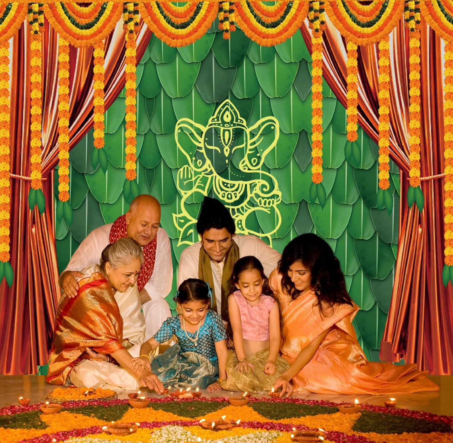 Decoración de fondo indio Pooja para fotografía, 10 x 8 pies, tradicional, indio, festival de Puja Ganpati Mehndi, fondo de fotos de plátano, hojas