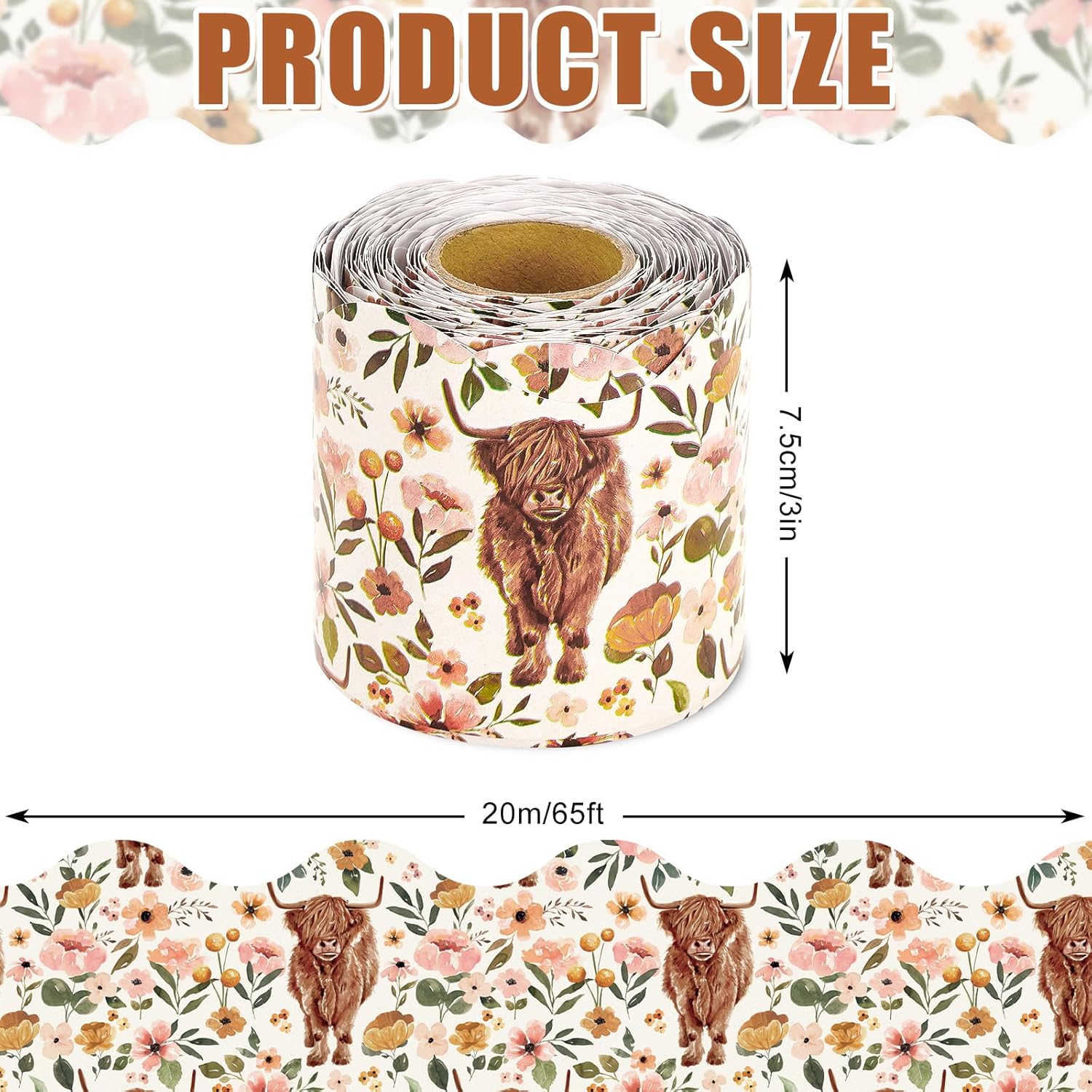 AnyDesign – Tablero de anuncios de vaca de las tierras altas de 65 pies con borde de acuarela y flores de vaca troquelada, rollo de borde troquelado