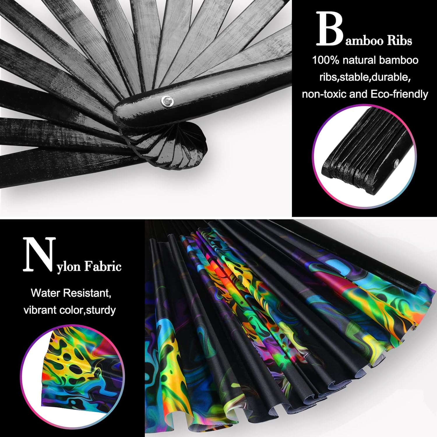 Ventilador de mano plegable grande para hombres y mujeres con bolsa de terciopelo, colorido ventilador UV brillante para fiestas de música