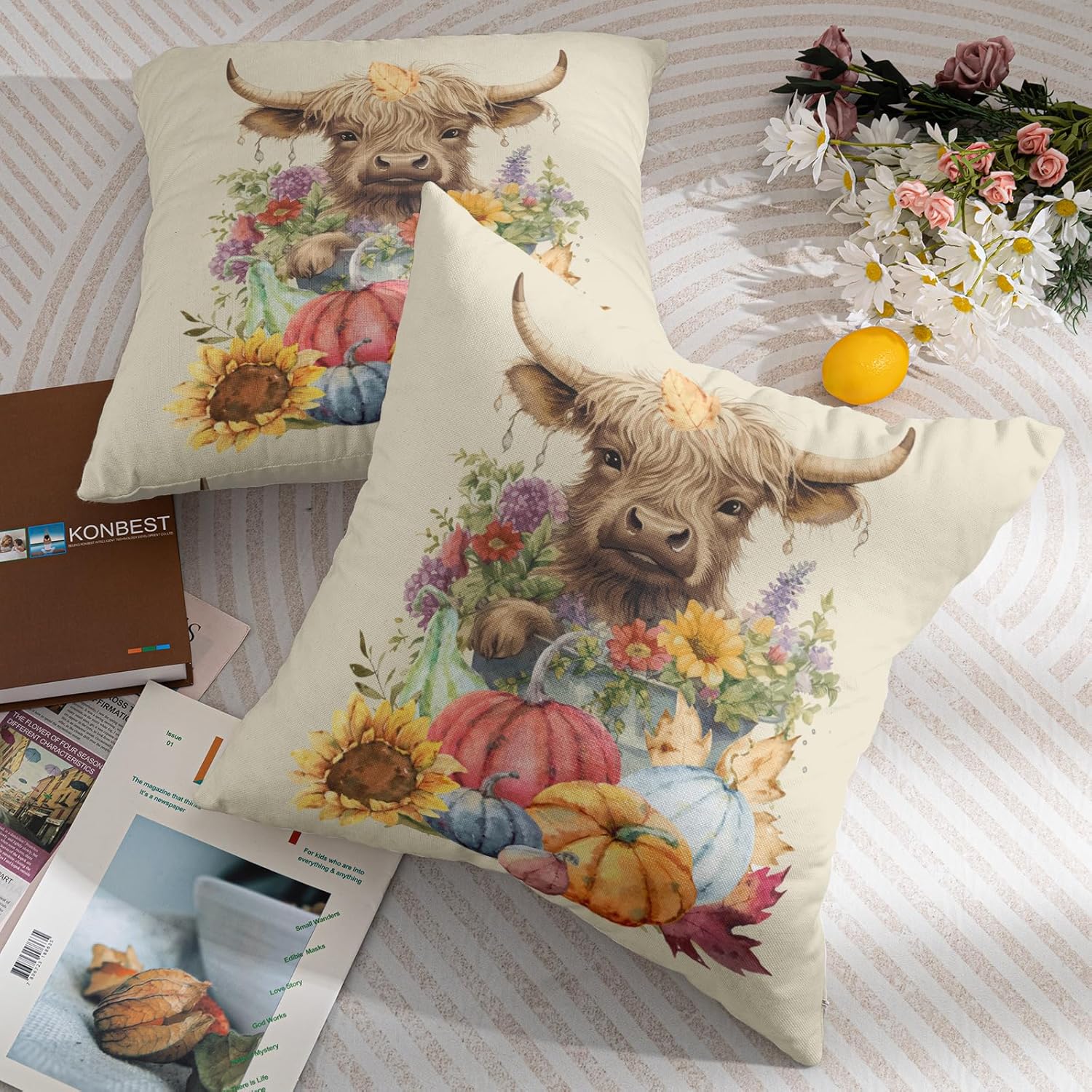 Juego de 2 fundas de almohada de otoño de 18 x 18 pulgadas, diseño colorido de calabaza, girasol, vaca, para exteriores, para Acción de Gracias,