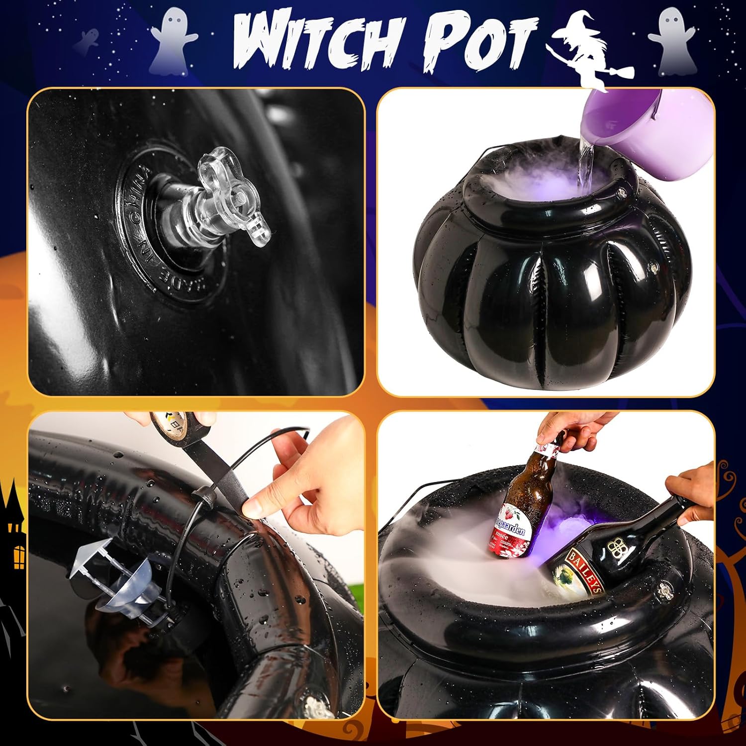 2 unidades de caldero inflable de Halloween con fabricante de niebla ultrasónica LED y cinta de conductos de 22 x 18 pulgadas, caldero de bruja,