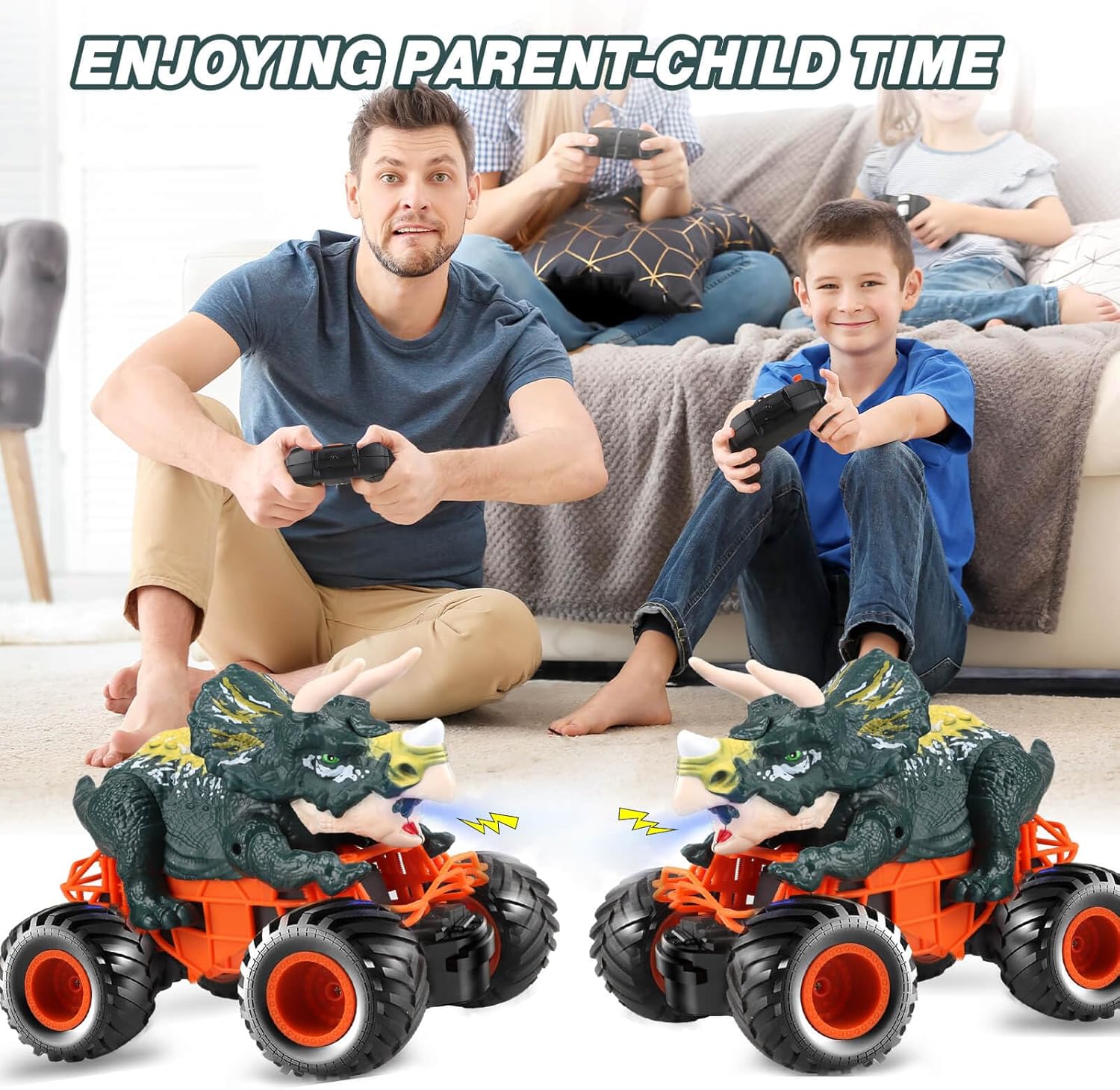Dolanus Auto de juguete de dinosaurio a control remoto para niños de 3, 4, 5, 6, 7, 8 años, camiones monstruo de dinosaurio para niños, control