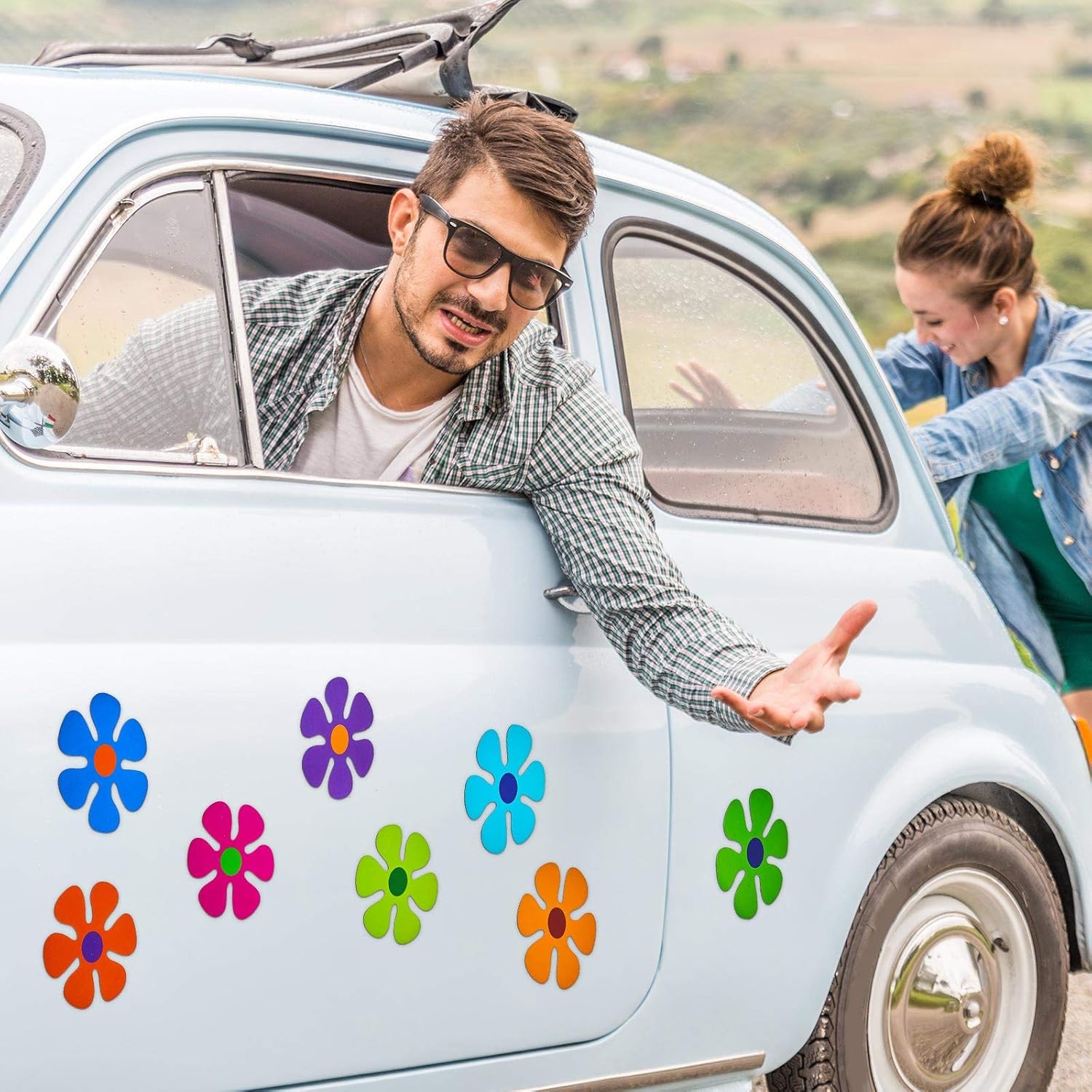 Imán de flores para automóvil, divertidas calcomanías magnéticas para decoración de refrigerador, imanes de los años 60 para automóvil, puerta del
