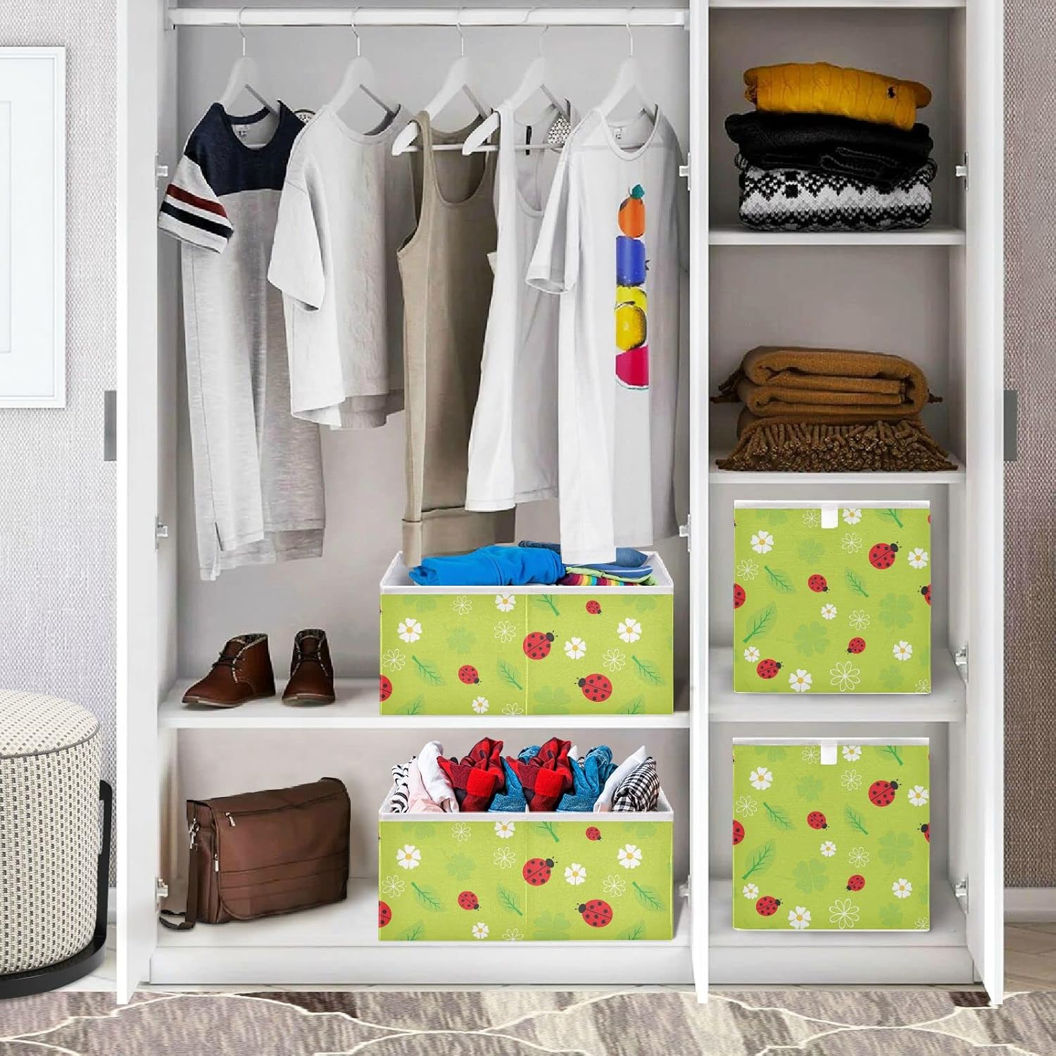 Beetles Ladybugs – Cubos de almacenamiento plegables de tela con asas, organizador cuadrado para armario, forro impermeable para estantes, gabinete,