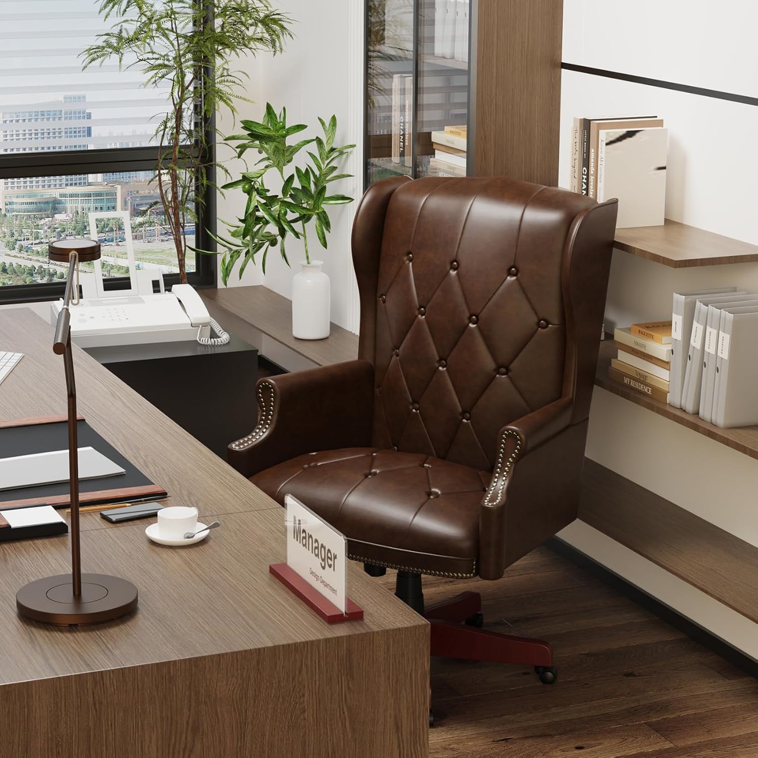 Silla de oficina ejecutiva de cuero con respaldo alto, 330 libras, diseño ergonómico, asiento y respaldo acolchados gruesos, con botones,