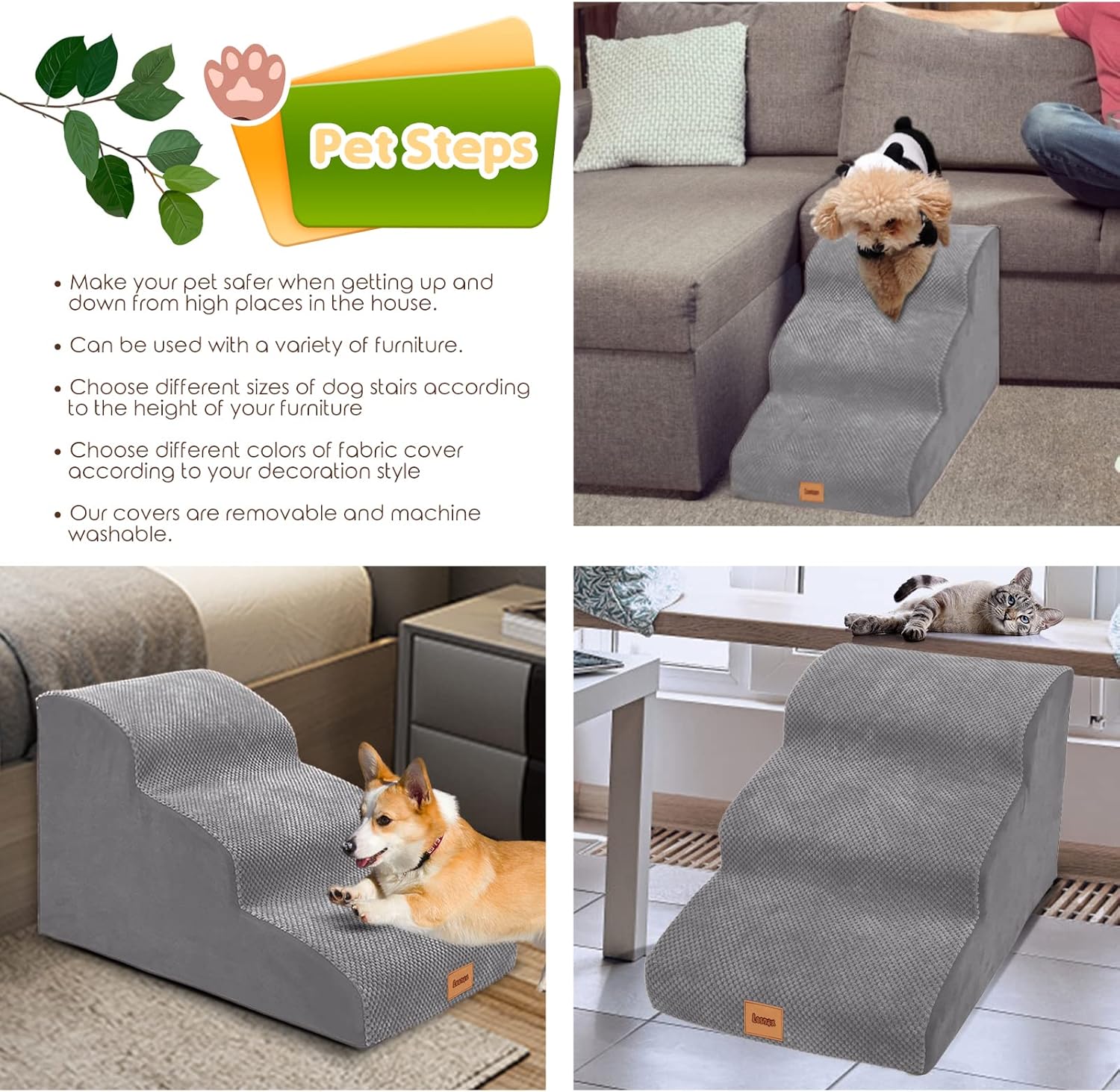 Lesnox Escalerasescalones de espuma para perros, rampa para mascotas de 3 niveles con funda impermeable para cama, sofá, antideslizante, escalera de