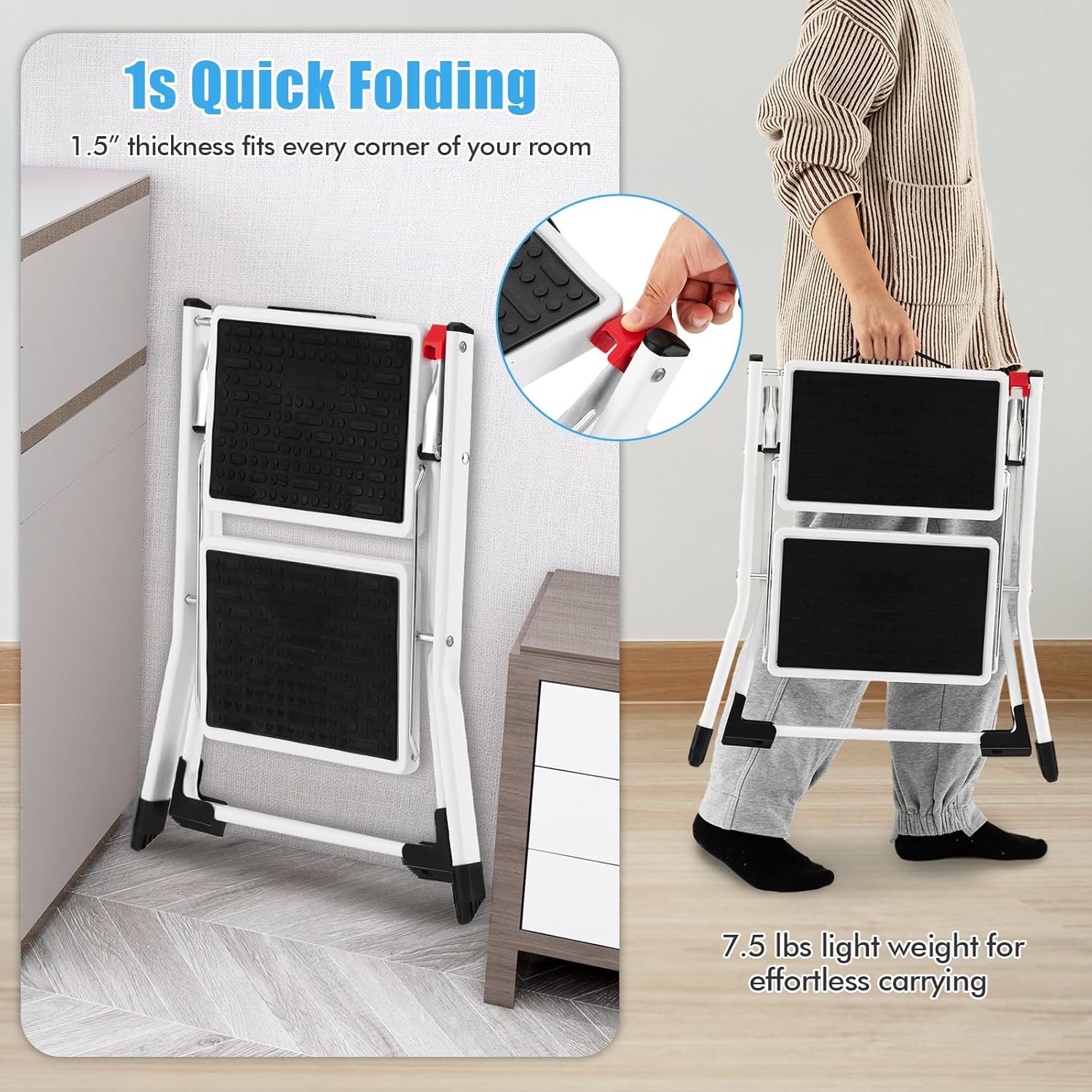 Safstar – Escalera plegable de 2 escalones, taburete ligero con pedal antideslizante, almohadillas y asa, marco de metal resistente, capacidad de
