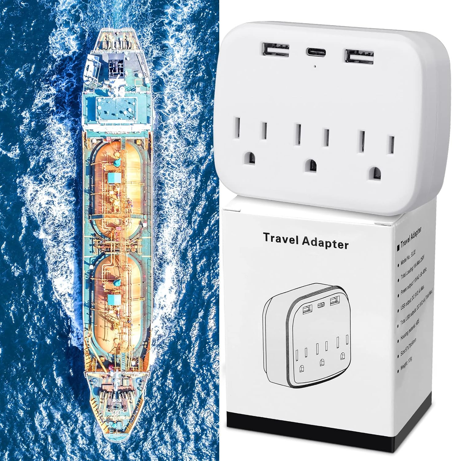 Cruise Power Strip Cruise Essentials – Extensor de salida de protección sin sobretensiones con puertos de salida USB, adaptador de viaje portátil,