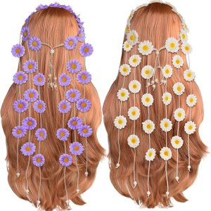 Sucrain 2 diademas de flores hippie corona floral verano girasol accesorios para el cabello para 70 s estilo bohemio disfraces Sucrain 2 diademas de flores hippie corona floral verano girasol accesorios para el cabello para 70 s estilo bohemio disfraces