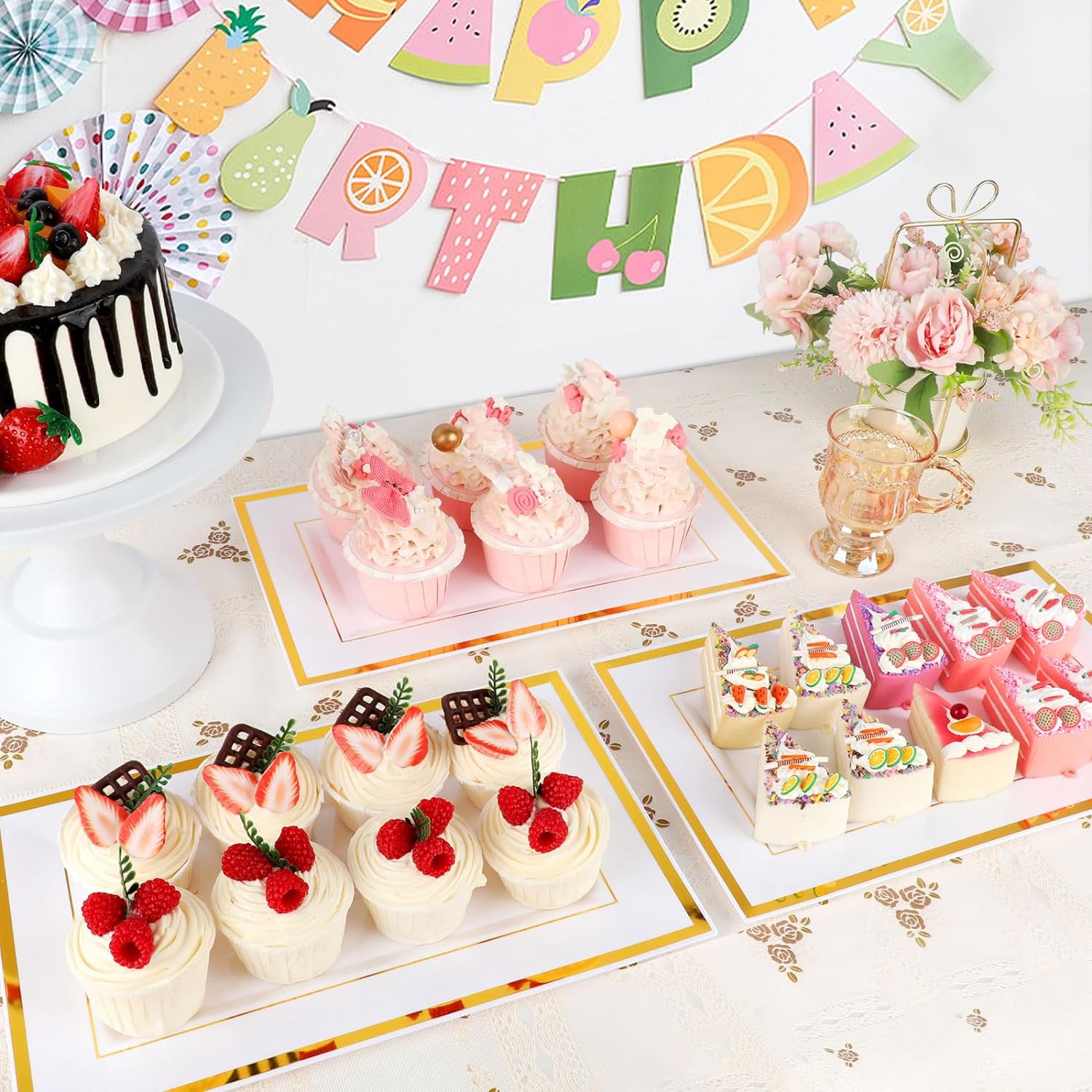 12 bandejas de plástico blanco para servir con borde dorado, bandejas rectangulares de postre de 14 x 9 pulgadas para mesa de postre, platos
