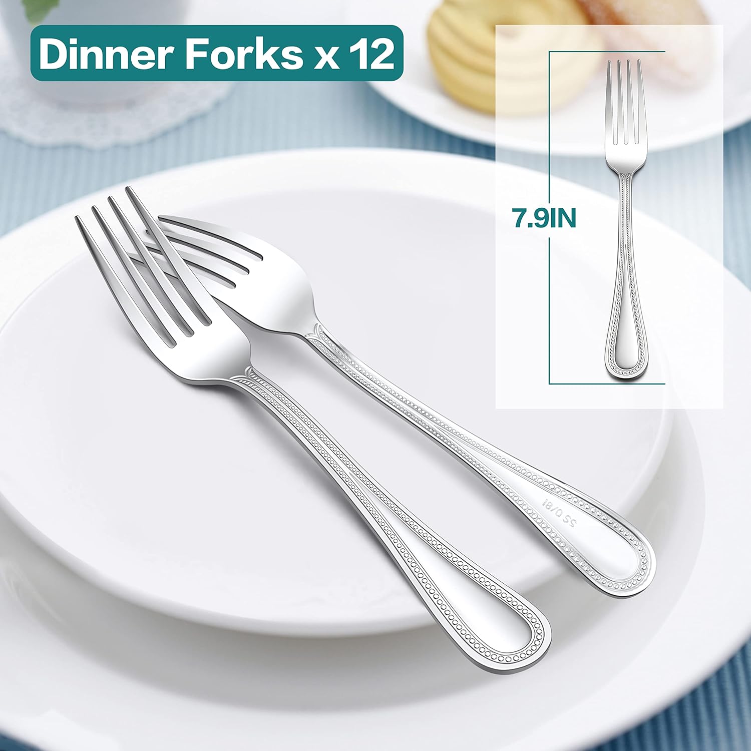 E-far – Juego de 12 tenedores de acero inoxidable con borde perlado para hogar, cocina, restaurante, pulido espejo y apto para lavavajillas, 7.9