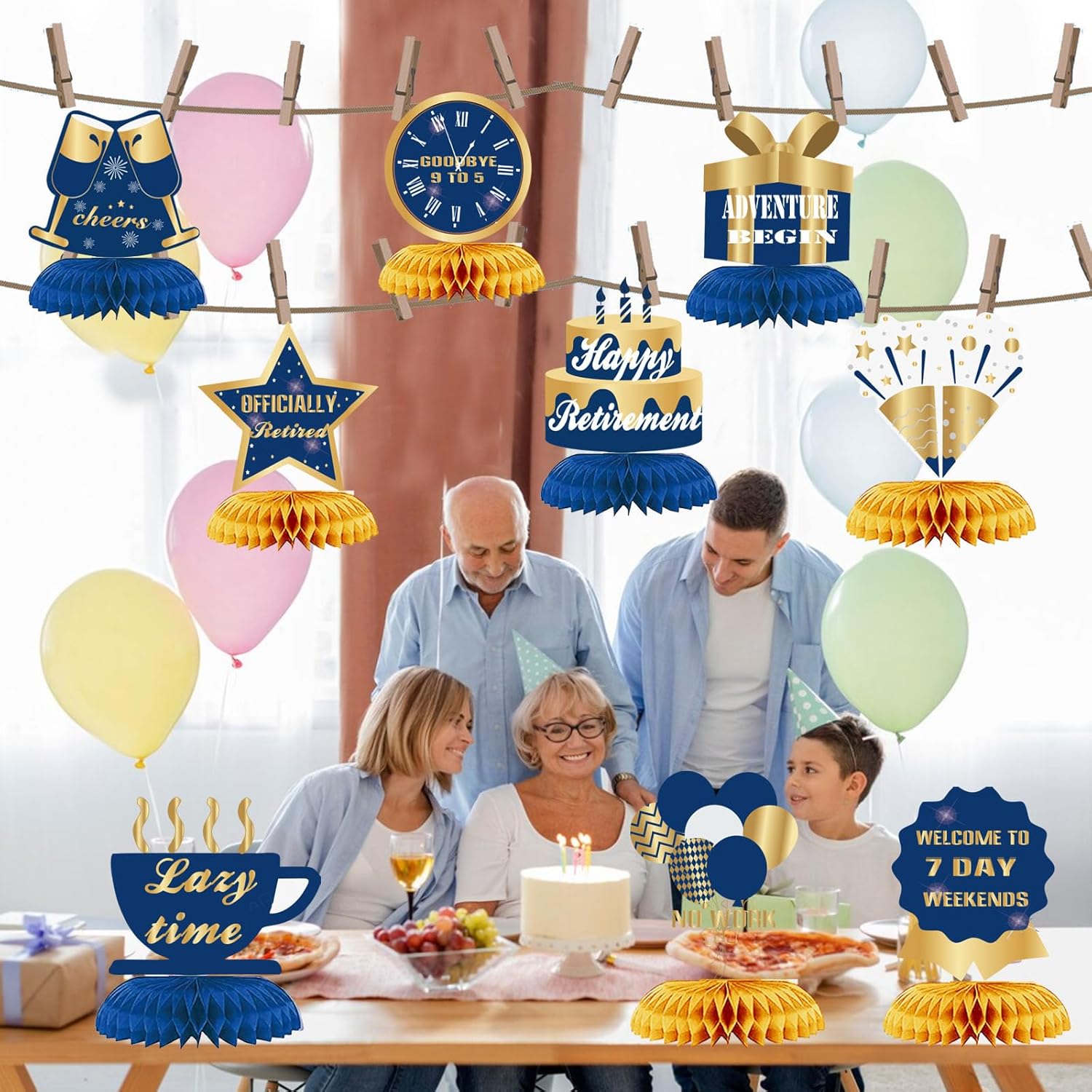 WINPOGEE 9 piezas de decoración de feliz jubilación, centros de mesa de nido de abeja, suministros de fiesta, suministros de aventura de jubilación,