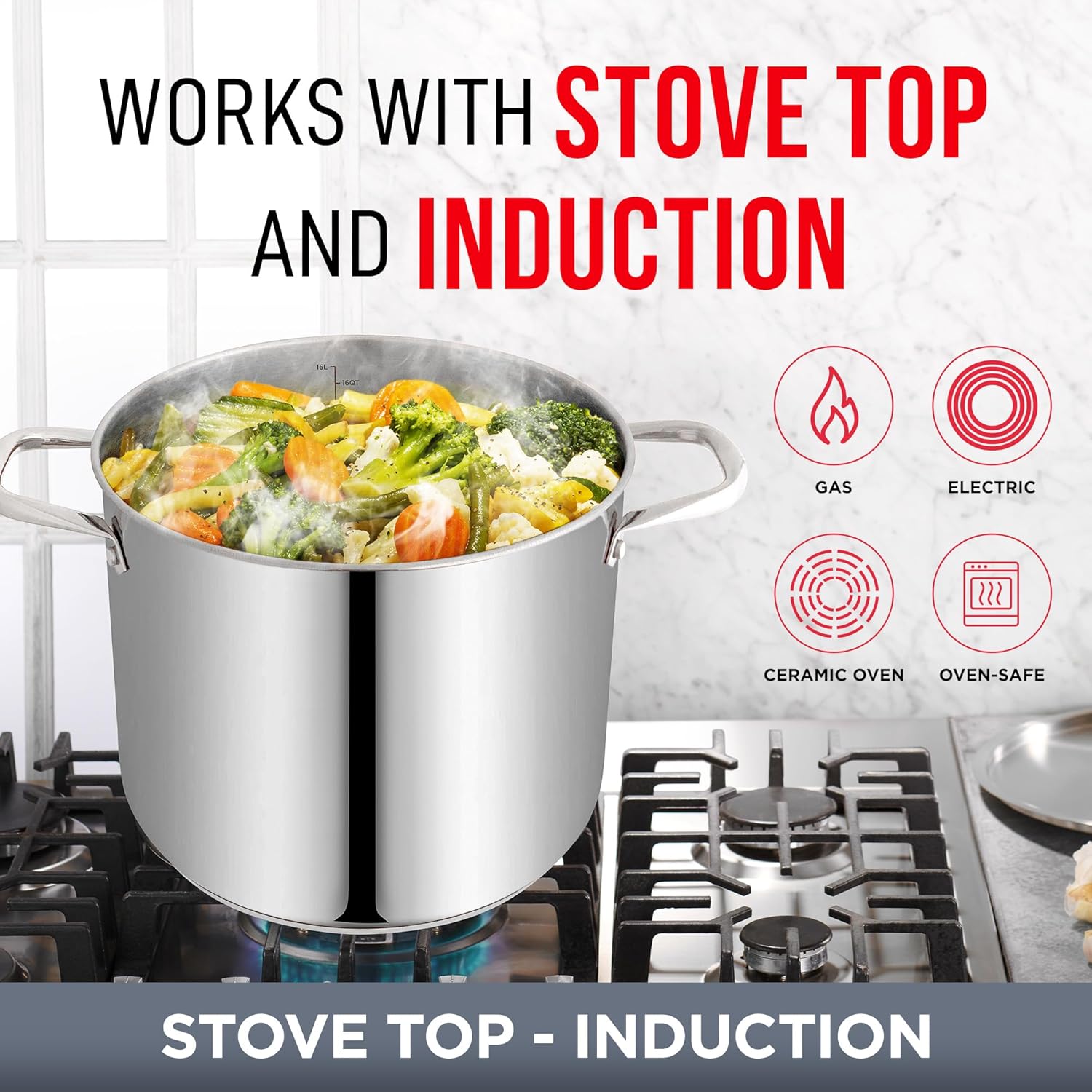 Bakken-Swiss Deluxe – Olla de acero inoxidable de 16 cuartos de galón con tapa transparente de vidrio templado, deliciosas sopas, guisos y cocción