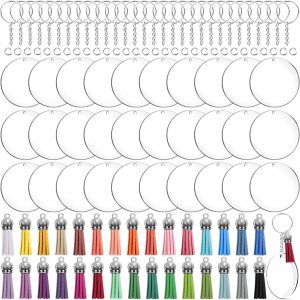 Duufin Juego de borlas de llavero de acrílico en blanco de 3 pulgadas, redondos de arílico transparente, llaveros en blanco con anillos de cadena y Duufin Juego de borlas de llavero de acrílico en blanco de 3 pulgadas, redondos de arílico transparente, llaveros en blanco con anillos de cadena y