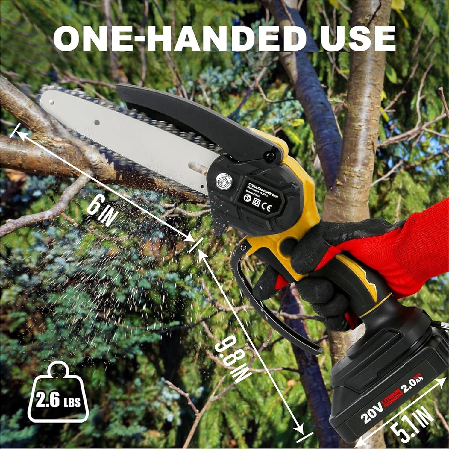CKEVE Mini motosierra eléctrica inalámbrica de 6 pulgadas, funciona con pilas con bloqueo de seguridad para recortar árboles de jardín, motor de 250