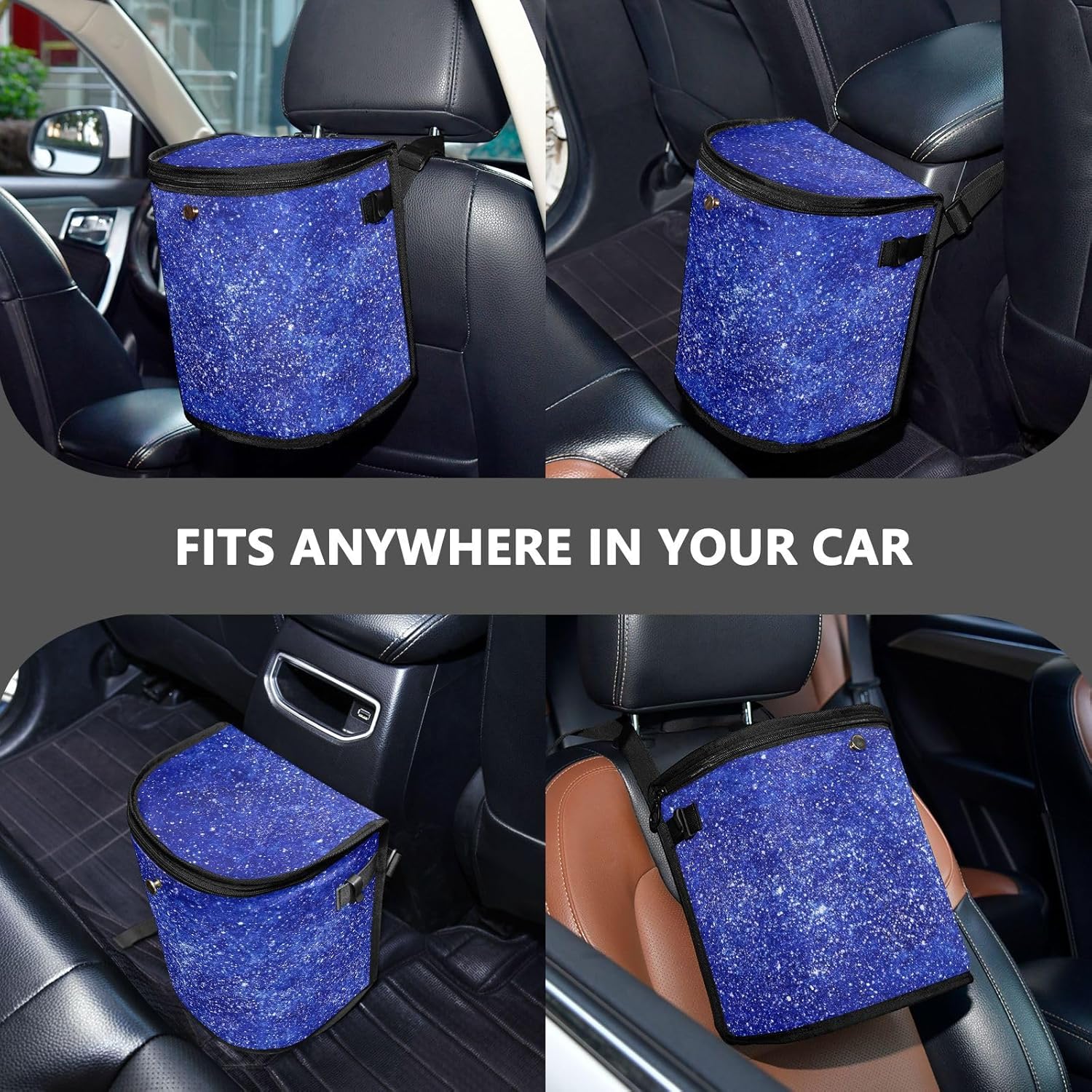 Kigai Basurero impermeable para automóvil con tapa, cubo de basura azul con purpurina con correa ajustable, organizador multiusos para auto y bolsa