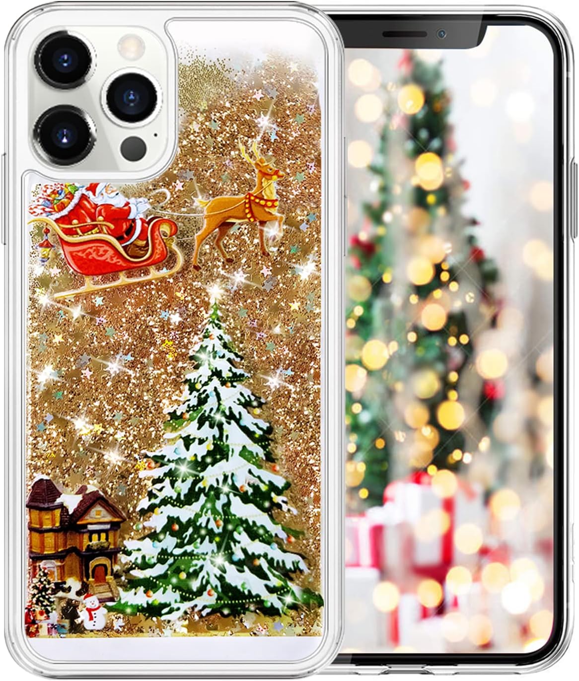 LUVI Compatible con iPhone 13 Pro Max Christmas Bling Glitter Liquid Cute Sparkle Moving Quicksand Cascada Brillante Cubierta de Lujo Rudolph Santa