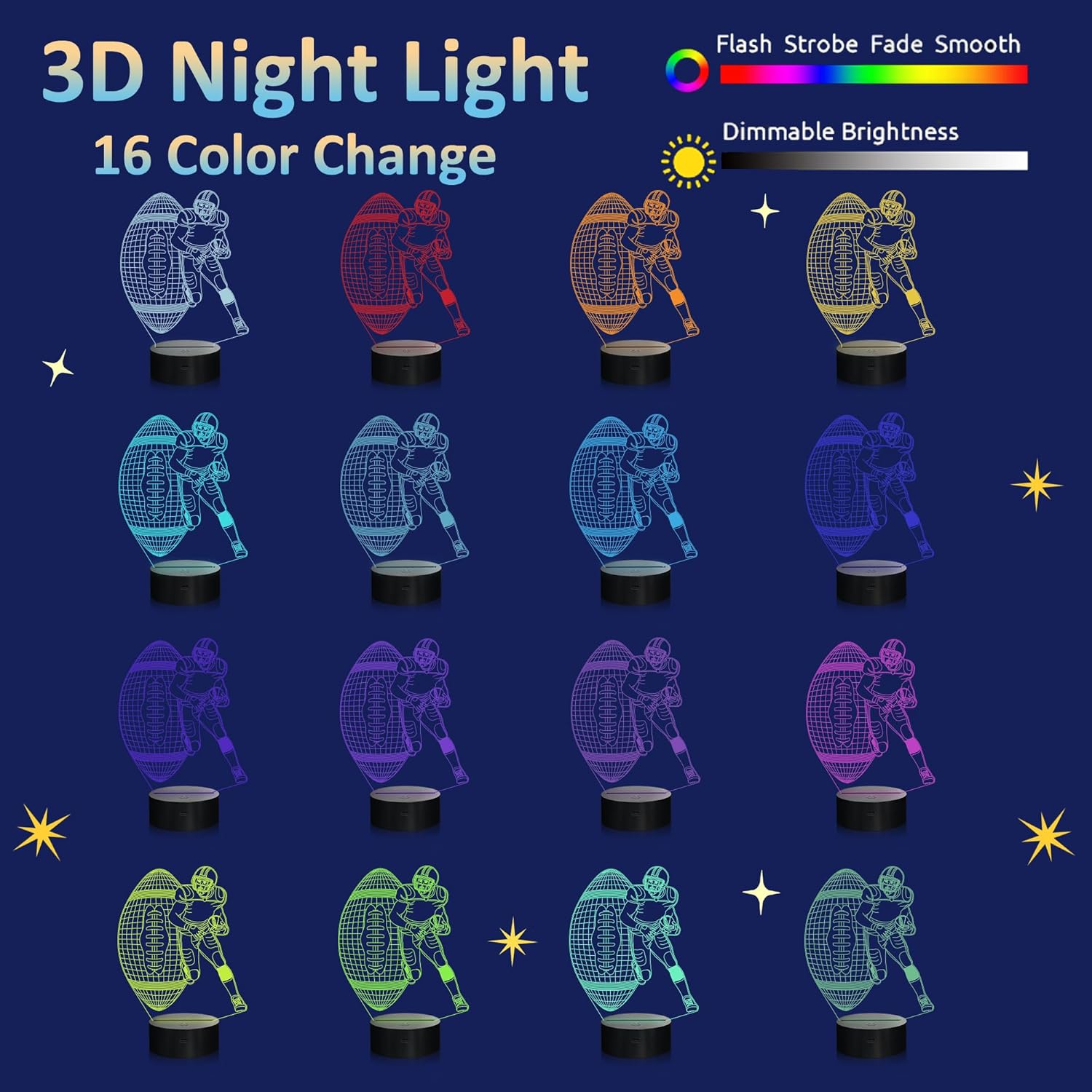 Attivolife Luz nocturna 3D para jugador de fútbol, lámpara LED de ilusión de rugby con control remoto y táctil, 16 colores que cambian regulables,