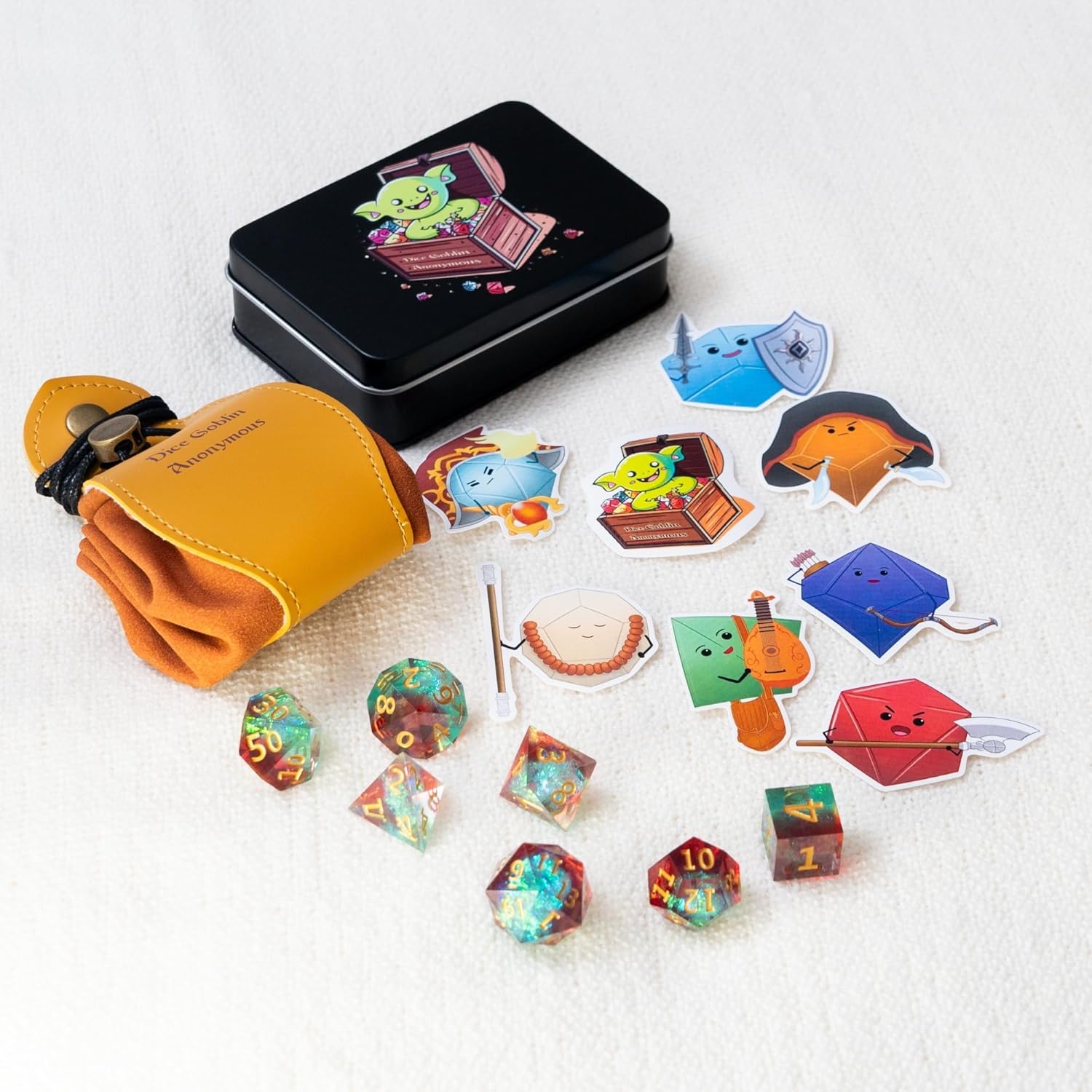 DND – Juego de 7 dados poliédricos de resina de borde afilado para Calabozos y Dragones con bolsa de dados, bandeja de dados y calcomanías (Primal