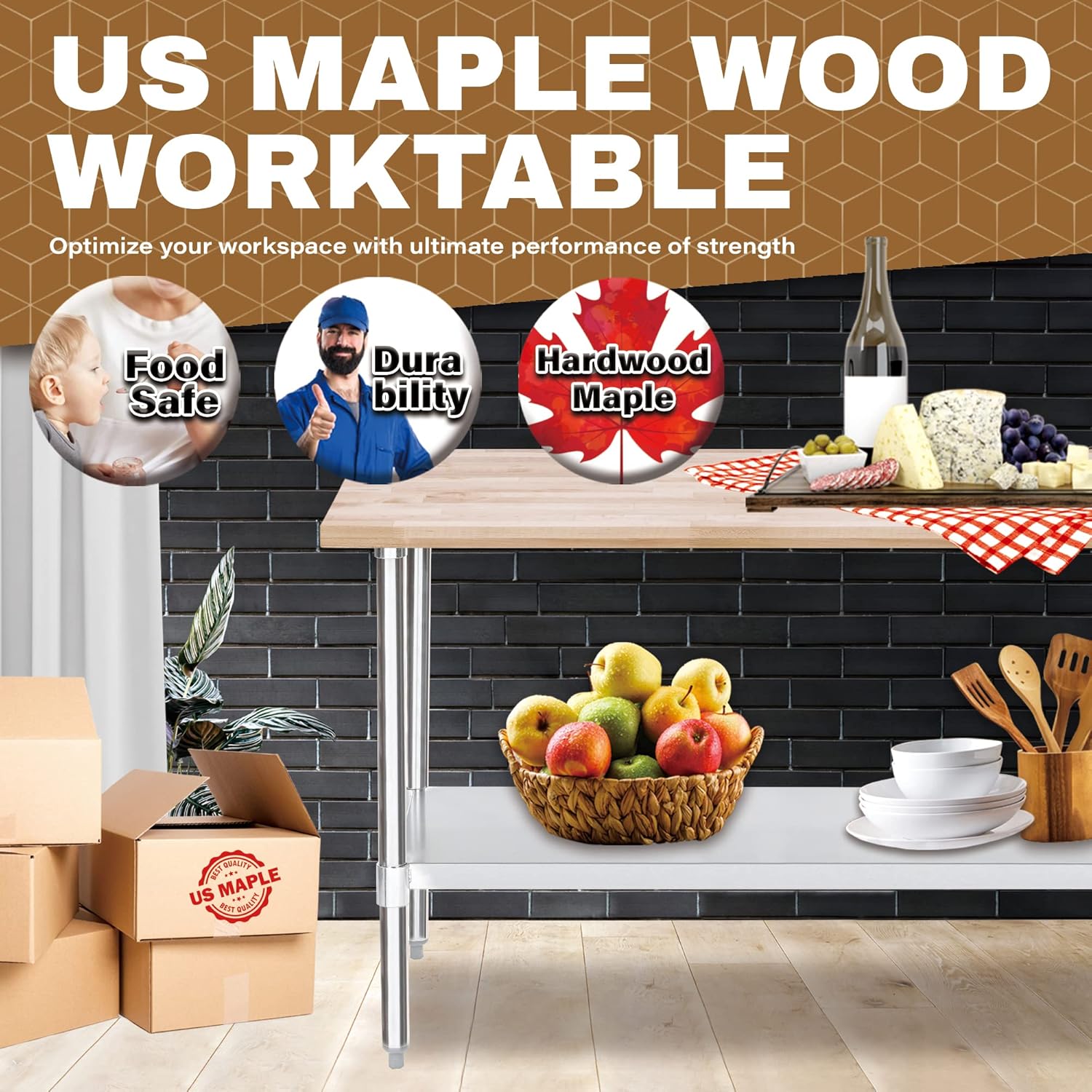 DuraSteel Mesa de trabajo de madera con parte superior de arce de EE. UU., 30 x 72 x 35 pulgadas, banco de trabajo de madera con estante inferior