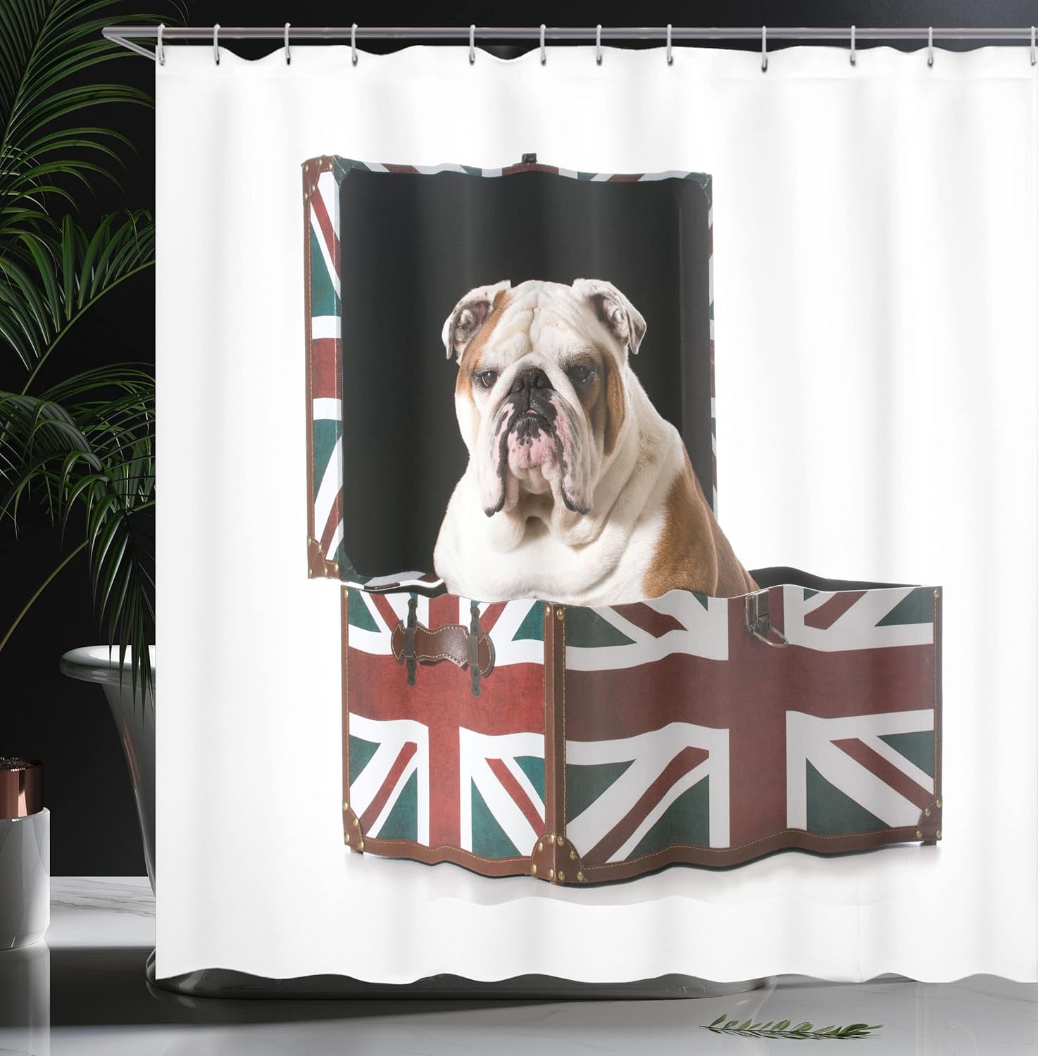 Ambesonne Cortina de ducha de Bulldog Inglés, Bulldog sentado en Union Jack Britain, diseño patriótico, juego de decoración de baño de tela con