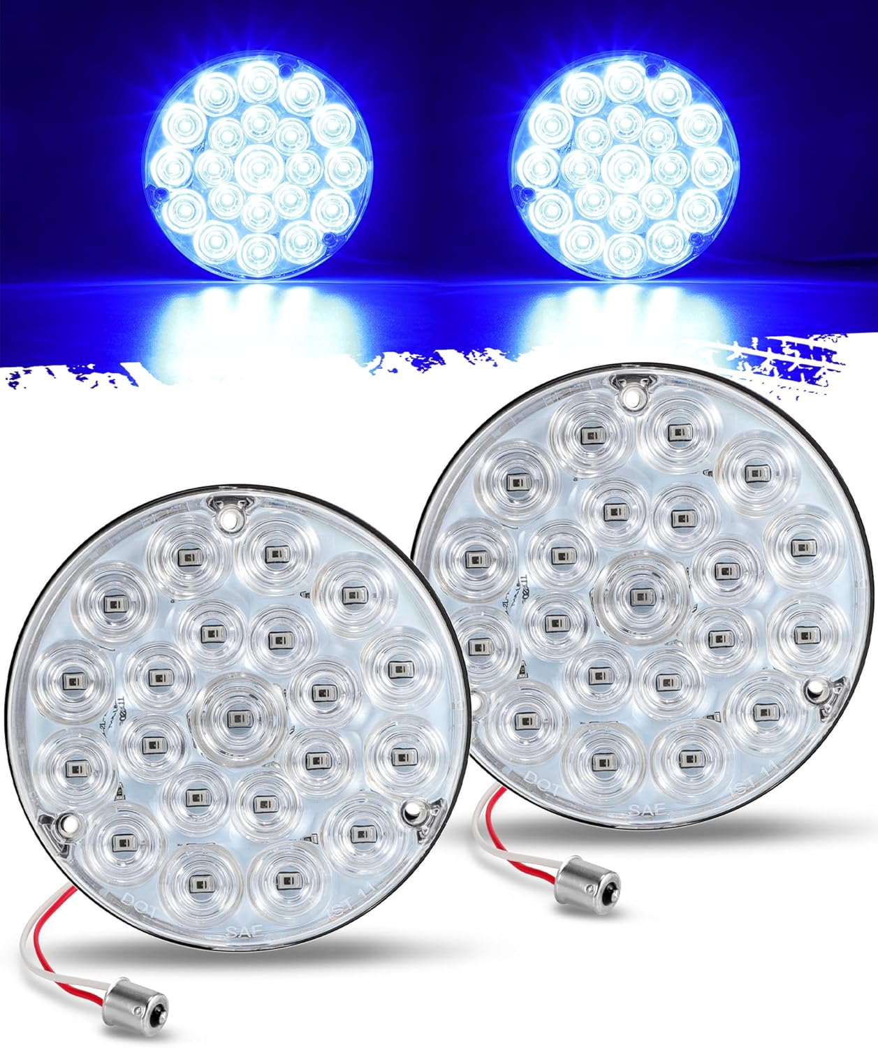 Partsam Luz trasera redonda de 4 pulgadas, 21-2835 LED, luces auxiliares azules, luz de carga de carga con 1156 zócalo TPE, lente transparente de