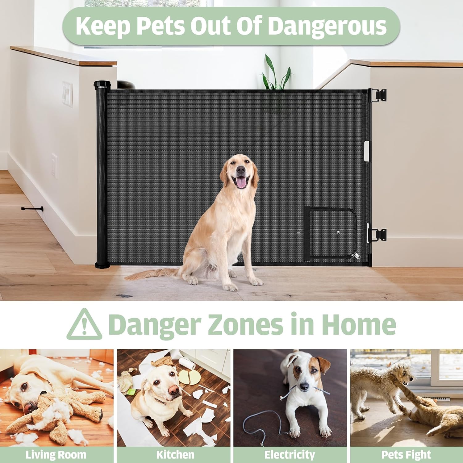 Puerta retráctil para bebé con puerta para gatos (55 pulgadas de ancho x 35 pulgadas de alto), puerta retráctil para perros con puerta para