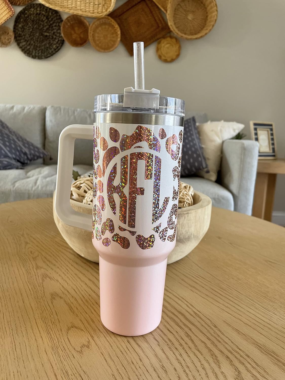 40oz Monogram Cheetah Animal Print Stanley Adventure Quencher Leopard Wrap, boho stylish tumbler, boho decor with monogram initial (blue)