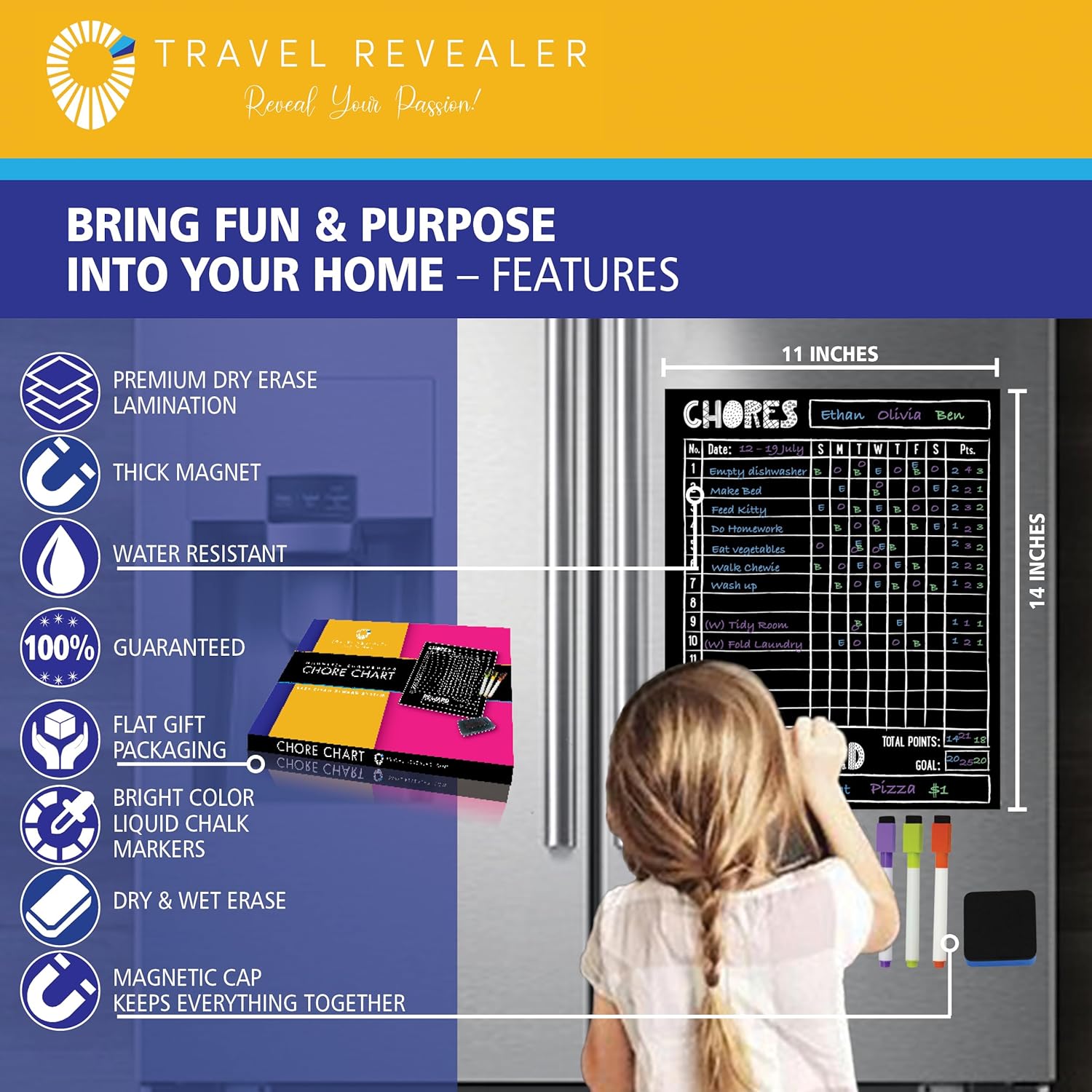 Travel Revealer Tabla magnética de tareas para niños, múltiples niños, adultos, tabla de recompensas familiares para niños en casa magnética de 11 x