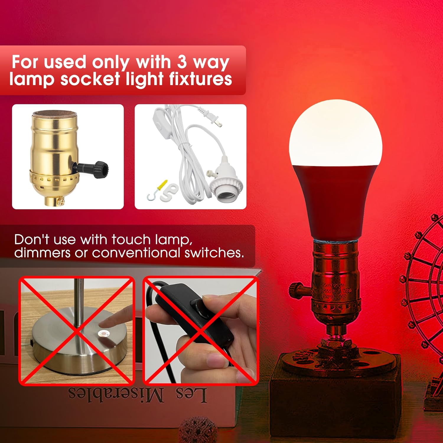 Briignite Bombillas rojas de 3 vías, bombillas LED de 3 vías equivalentes a 30 70 100 W, bombillas rojas de 3 vías, bombillas A19 de tres vías, base
