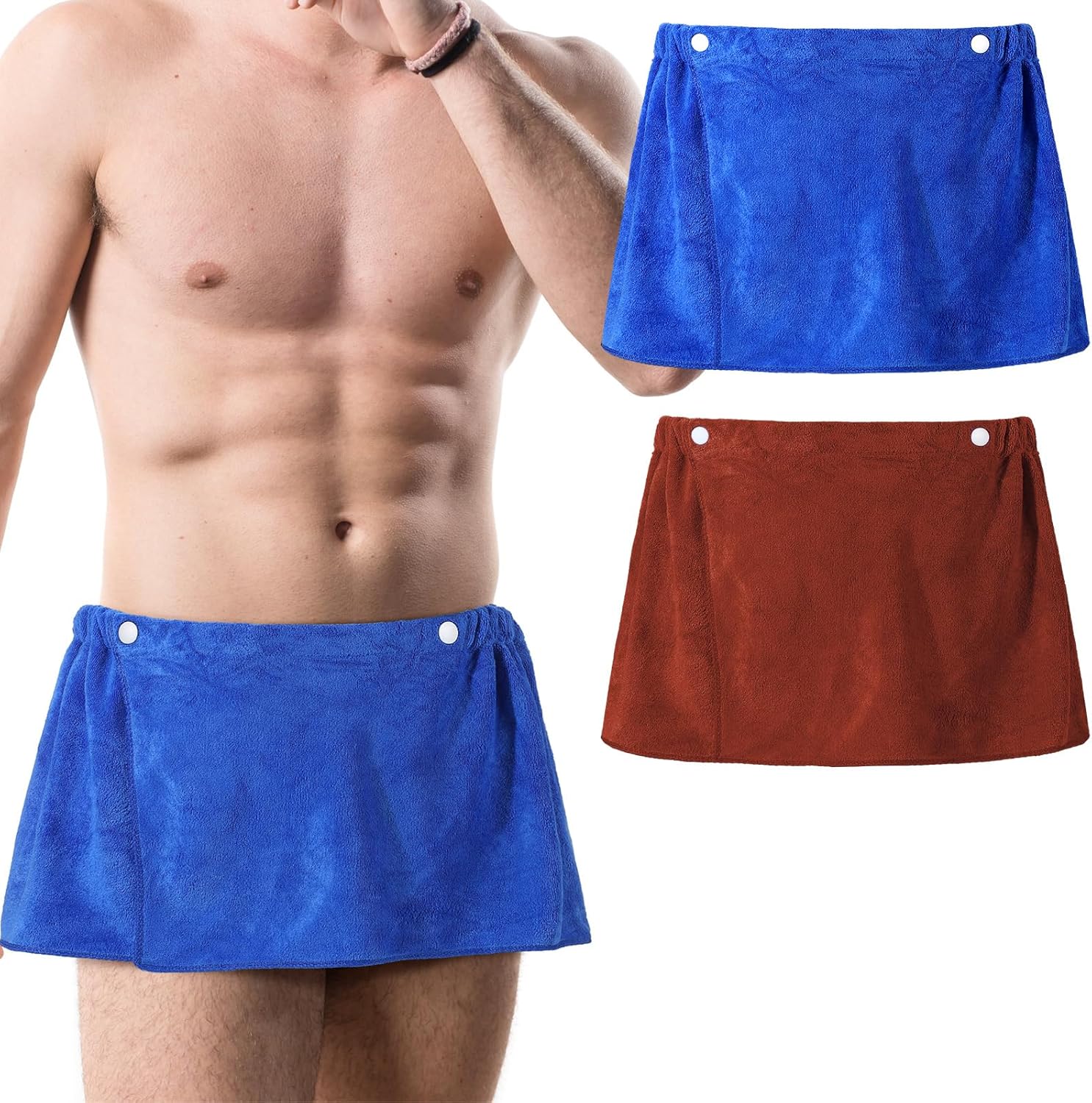 Preboun Toalla de baño para hombre, pantalones cortos, toalla de natación de microfibra suave con cierre a presión (café, azul, paquete de 2)