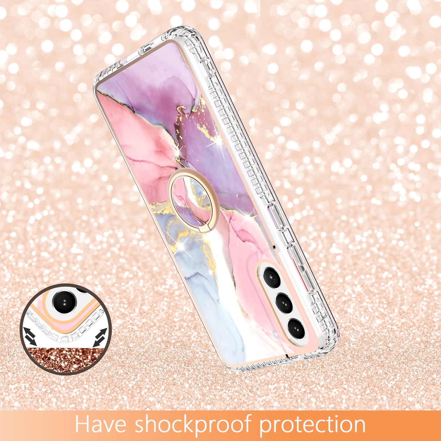 Asuwish Funda de teléfono para Samsung Galaxy S21 FE 5G con protector de pantalla y soporte para anillo de mármol, a prueba de golpes, silicona TPU,