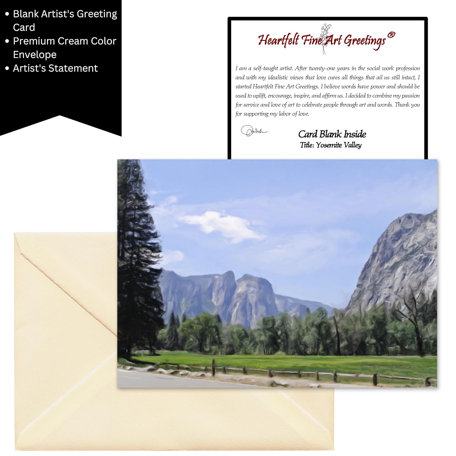5 x 7 Nature Greeting Card, Blank Inside, with Envelope and Artists Statement, Title Yosemite Valley
