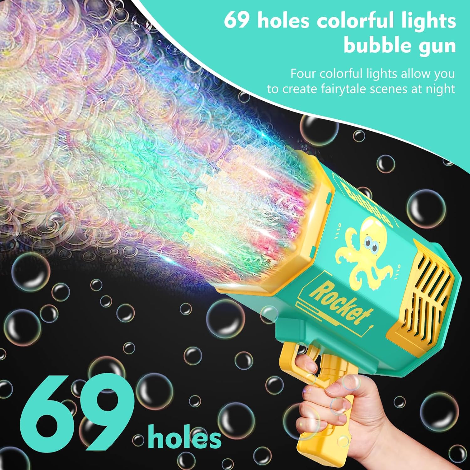 Bazooka – Pistola de burbujas de 69 agujeros con luces coloridas, soplador de burbujas de cohete grande para niños y adultos, juguetes para hacer