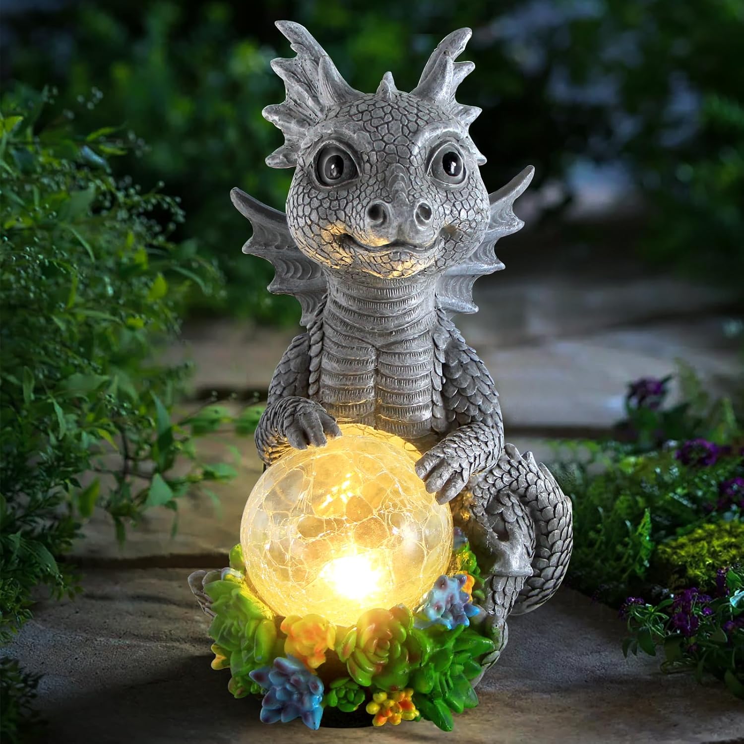 Estatuas solares de jardín al aire libre, dragón sosteniendo orbe mágico con luces LED solares, decoración de césped al aire libre para patio,