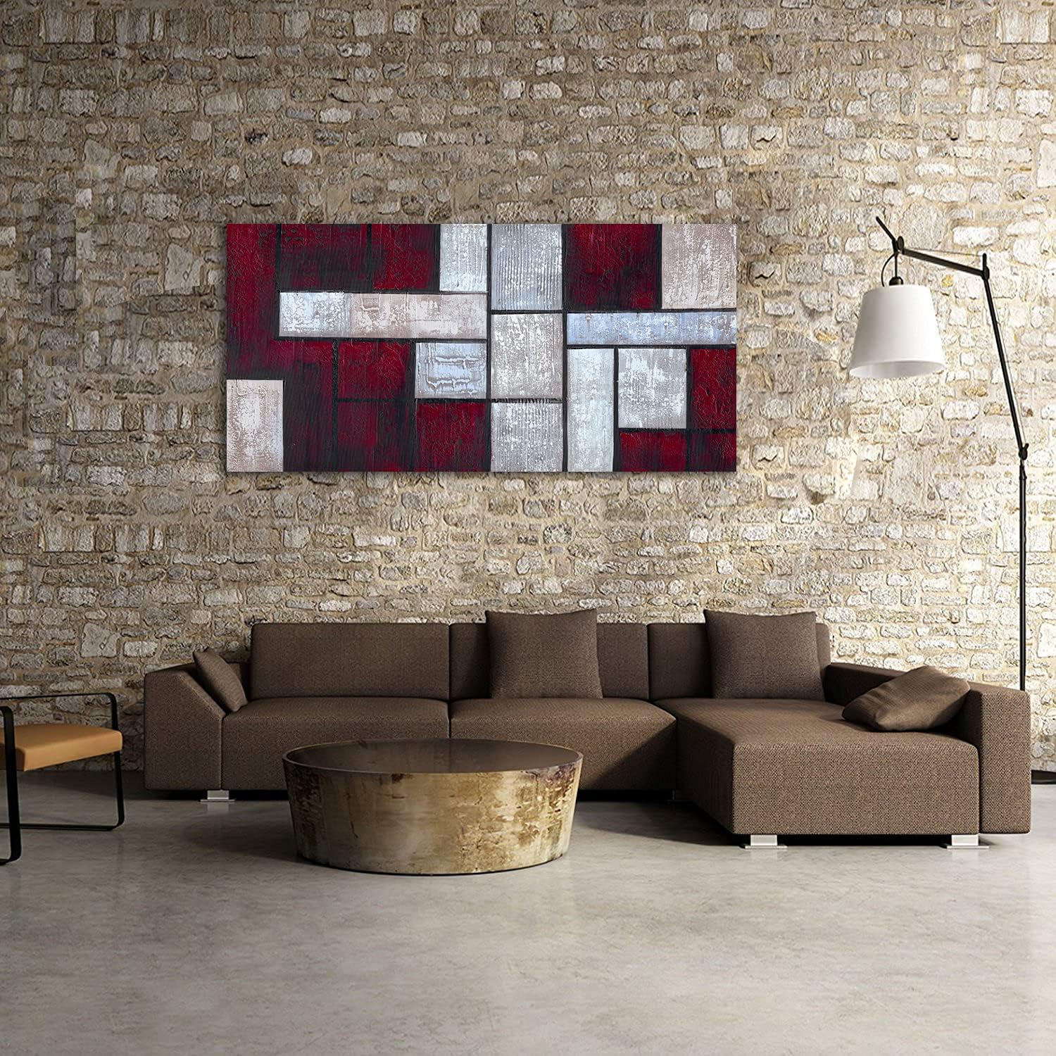 Cuadrados abstractos en lienzo pintado a mano, pintura al óleo de color rojo oscuro, decoración de imagen pesada texturizada para sala de estar,