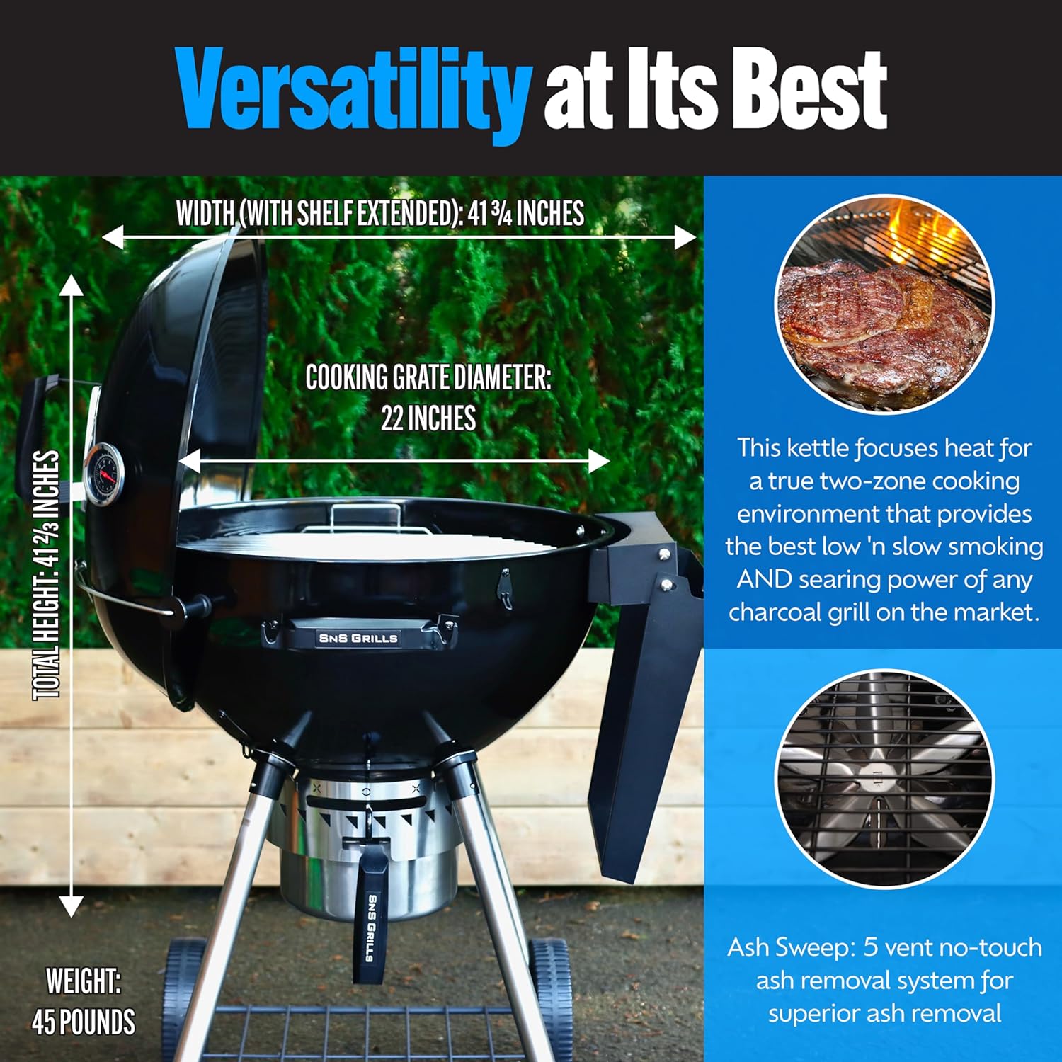 SnS Grills Slow ‘N Sear – Parrilla de hervidor con inserto de lujo y rejilla de fácil giro para cocinar a la parrilla de carbón de dos zonas, ahumar