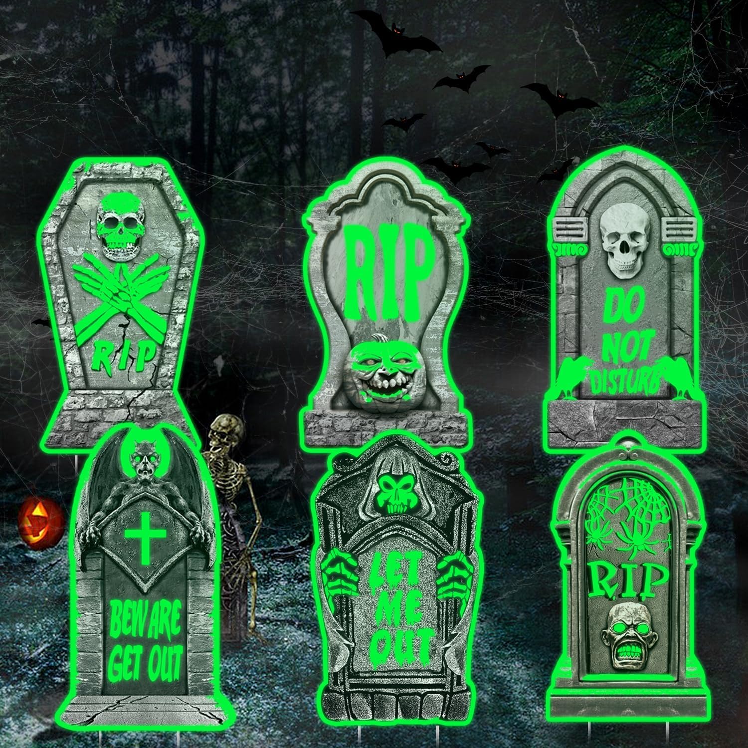 Letrero de Halloween para patio, 6 piezas que brillan en la oscuridad, con estacas, accesorios de Halloween para patio, jardín, exteriores,