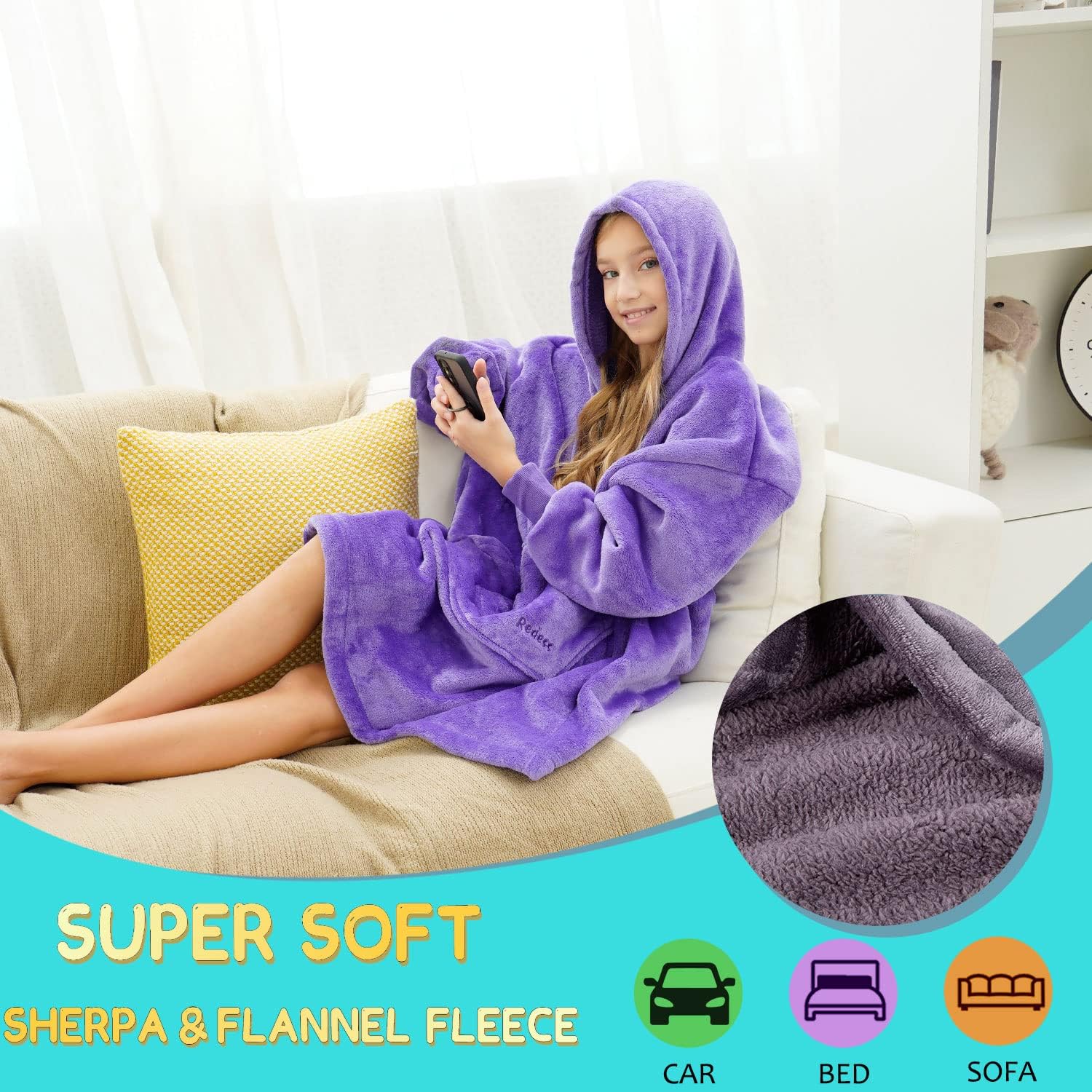 REDESS Sudadera con capucha, manta de sherpa de gran tamaño con mangas y bolsillo gigante, acogedora sudadera con capucha para adultos y niños