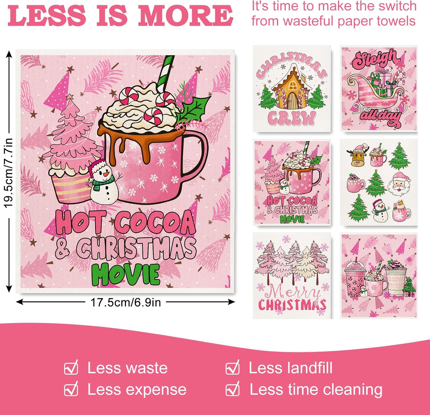 AnyDesign 6 paños de cocina suecos de Navidad, color rosa, con texto en inglés “Merry Christmas”, reutilizables, para invierno, árbol de Navidad,