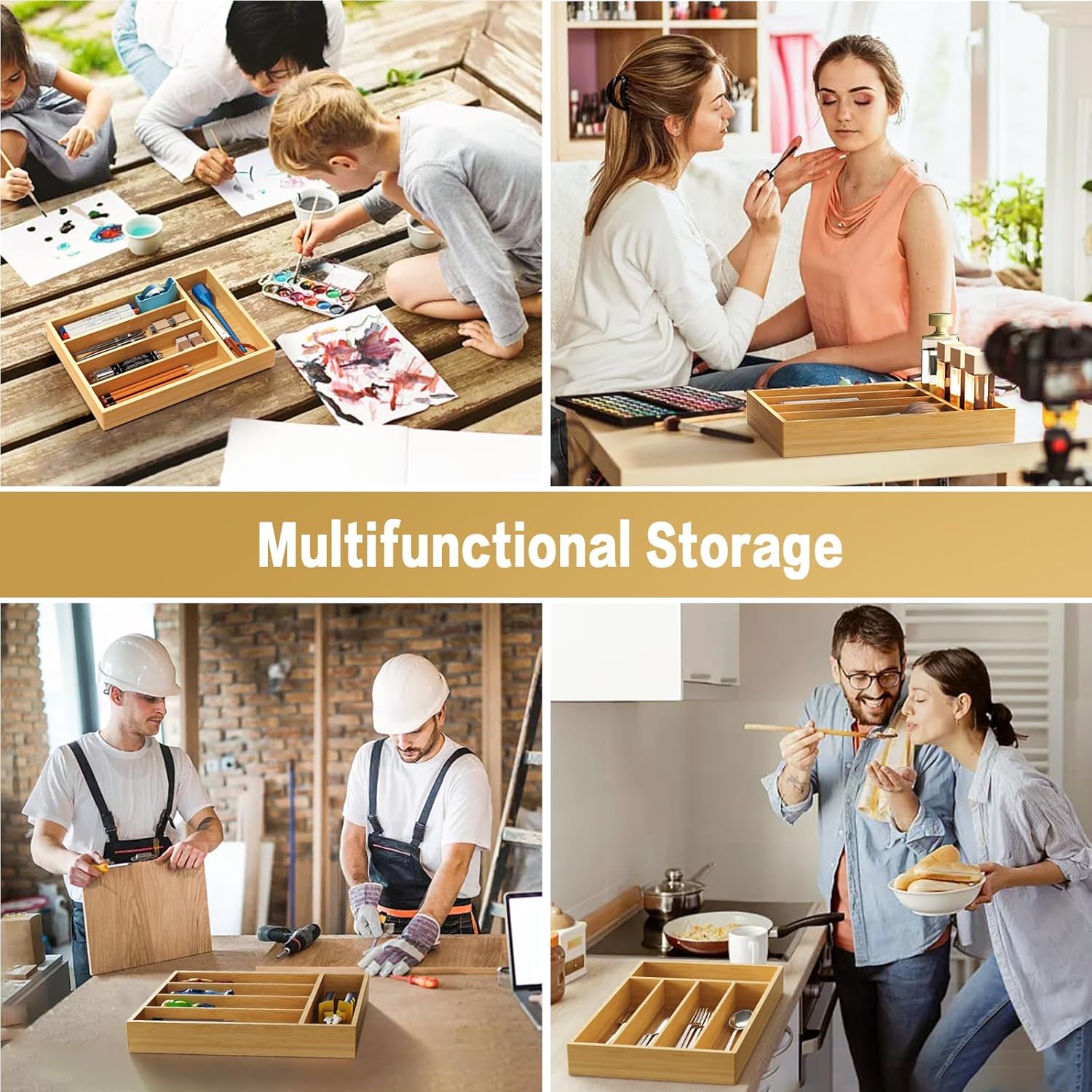 Organizador de cajones de cocina de bambú, organizador de cubiertos para cajones de cocina, bandeja de utensilios y almacenamiento de cubiertos para