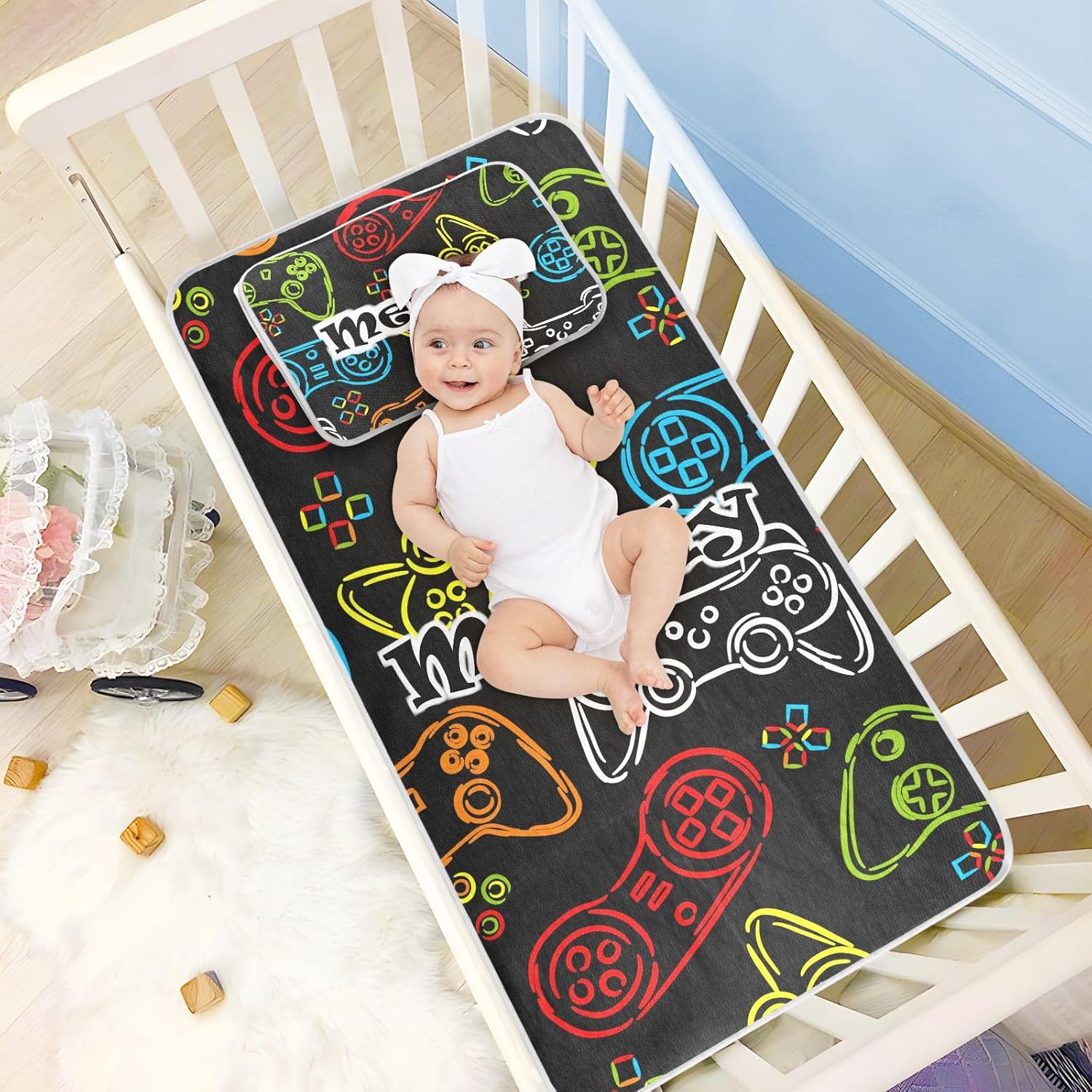 Custom Games Player Joysticks Crib Mattress Protector Pad for Boys Girls Baby Ice Silk Mat Bed Toddler Fitted Sheet Cooling Mattress Topper Play Mat