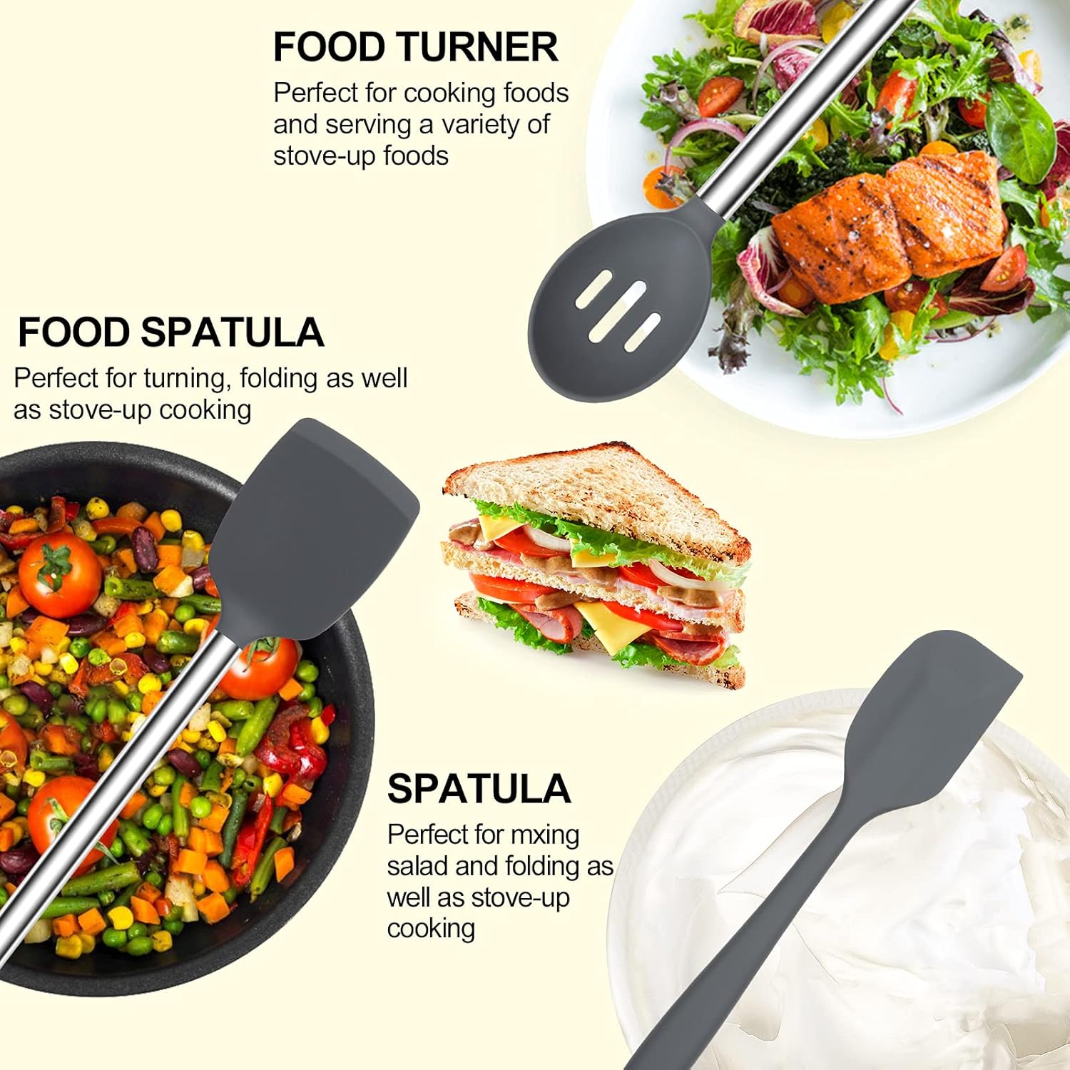 Juego de utensilios de cocina, 13 piezas de silicona para cocinar, resistentes al calor, antiadherentes, asas de acero inoxidable, herramientas de