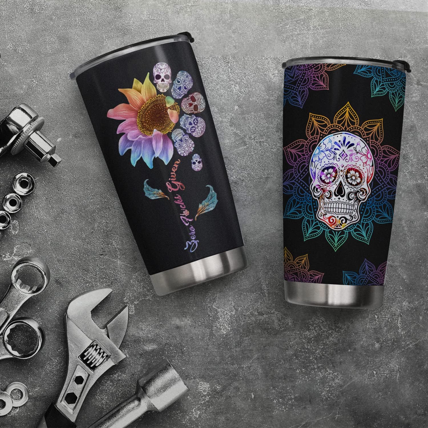 64HYDRO – Vaso térmico con tapa de 20 oz con diseño de calavera con mandala, doble pared con vacío, jarro de café de viaje, termo deportivo