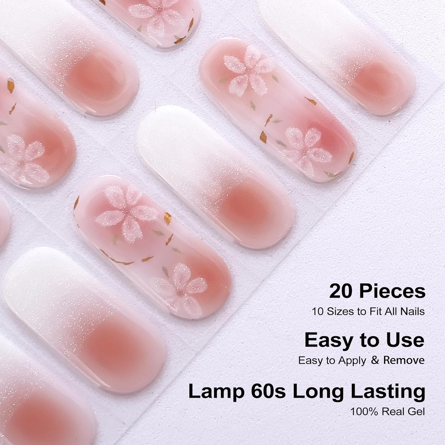 Tiras de uñas de gel semicuradas, envolturas de uñas de gel fáciles de usar, 20 tiras de uñas de gel semicuradas de larga duración, obtén arte de