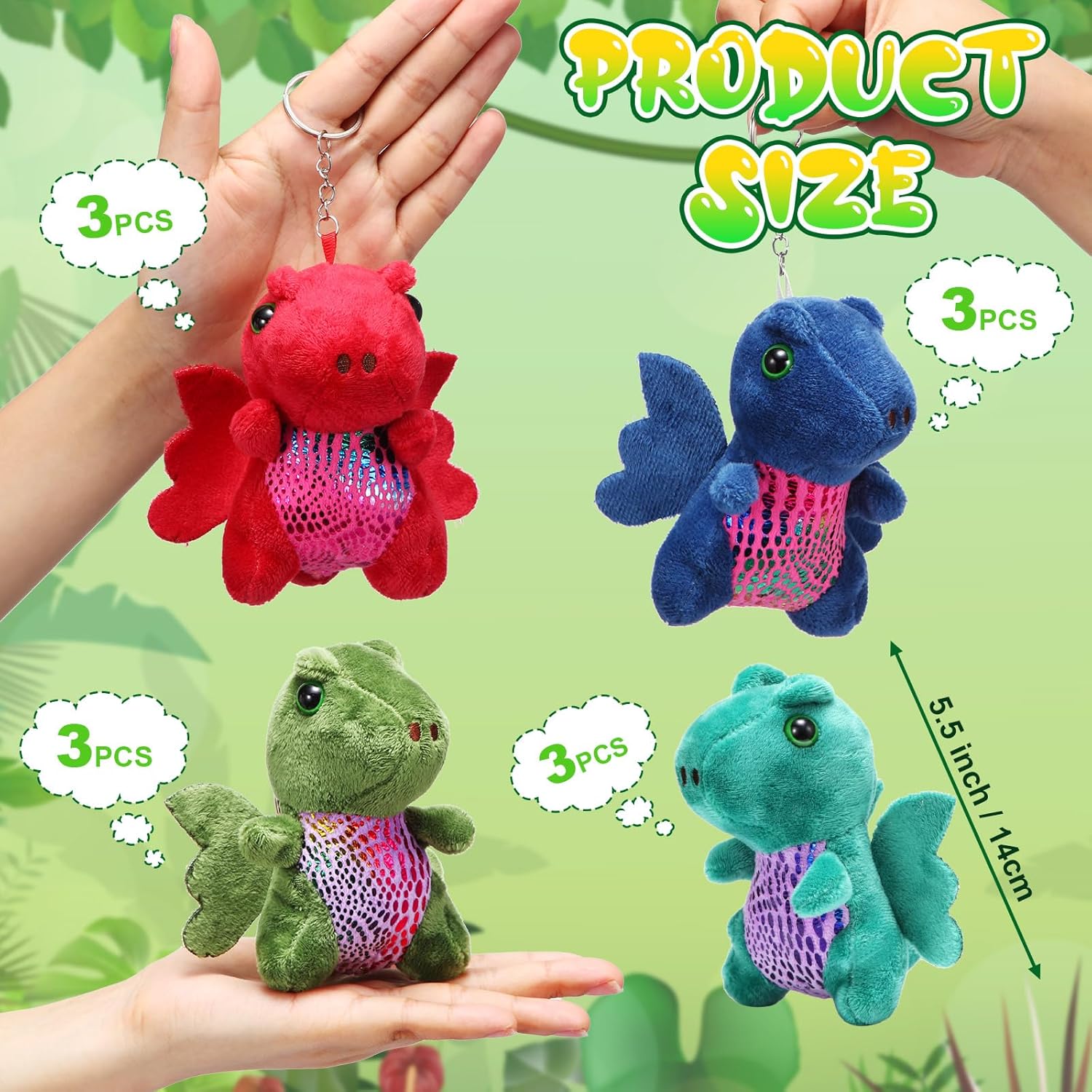 12 piezas de animales de peluche de dragón a granel, lindo llavero de peluche de dinosaurio, adorable peluche de dragón para cumpleaños de niños