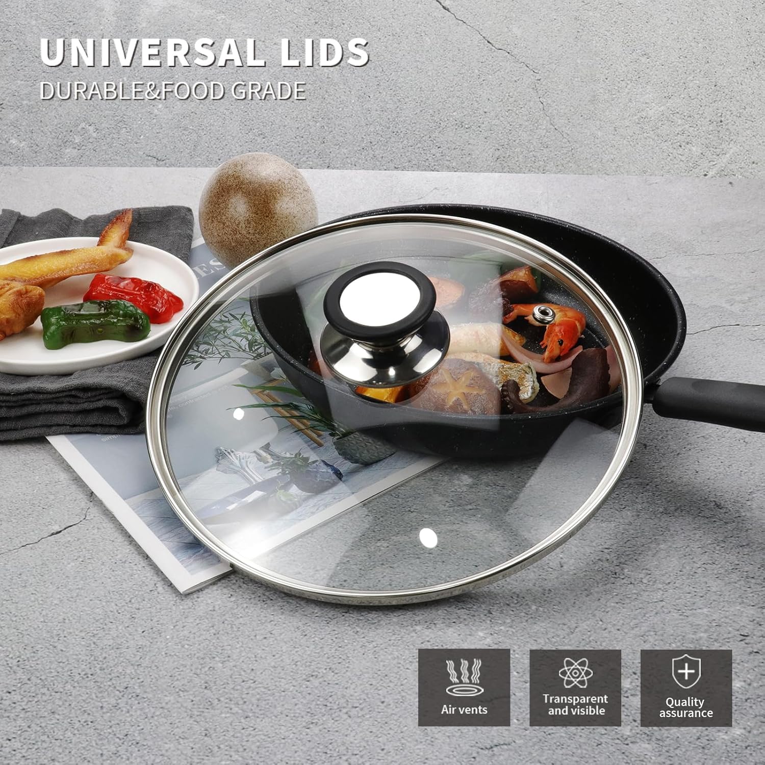 Tapa de vidrio templado de 9 pulgadas con orificio de ventilación de vapor, olla universal transparente de repuesto con perilla de soporte, borde de